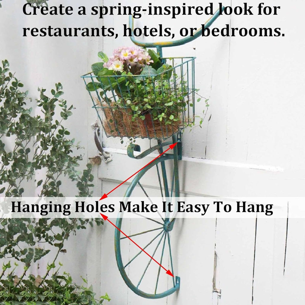 3D Bike Wall Decor, Iron Bike Wall Art with Flower Basket, Large Bicycle Sculpture, Spring Bicycle Decorations, Hand Crafted Wall Mounted Metal Art for Living Room Outdoor Bedroom(Green)