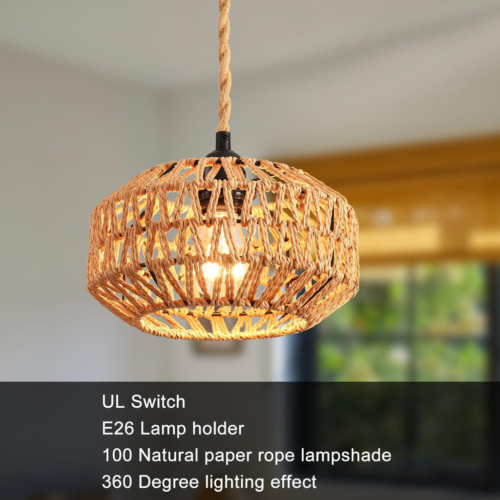Plug in Pendant Light Rattan Hanging Lamp with Switch,Mini Rattan Boho Semi Flush Mount Ceiling Light,Hand Woven Hallway Light Fixtures for Bedroom Entryway Kitchen