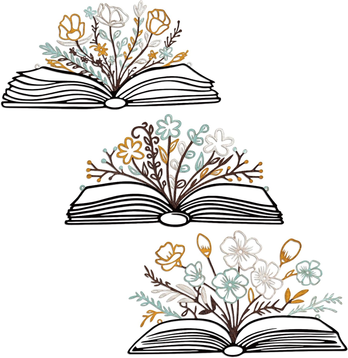 Honeydak 3 Pcs Reading Flower Book Wall Art Metal Library Wall Decor Sign Book Lovers Teacher Gift Silhouette Hanging Sculptures for Home Reading Room Office (Rustic Color,Elegant Style)