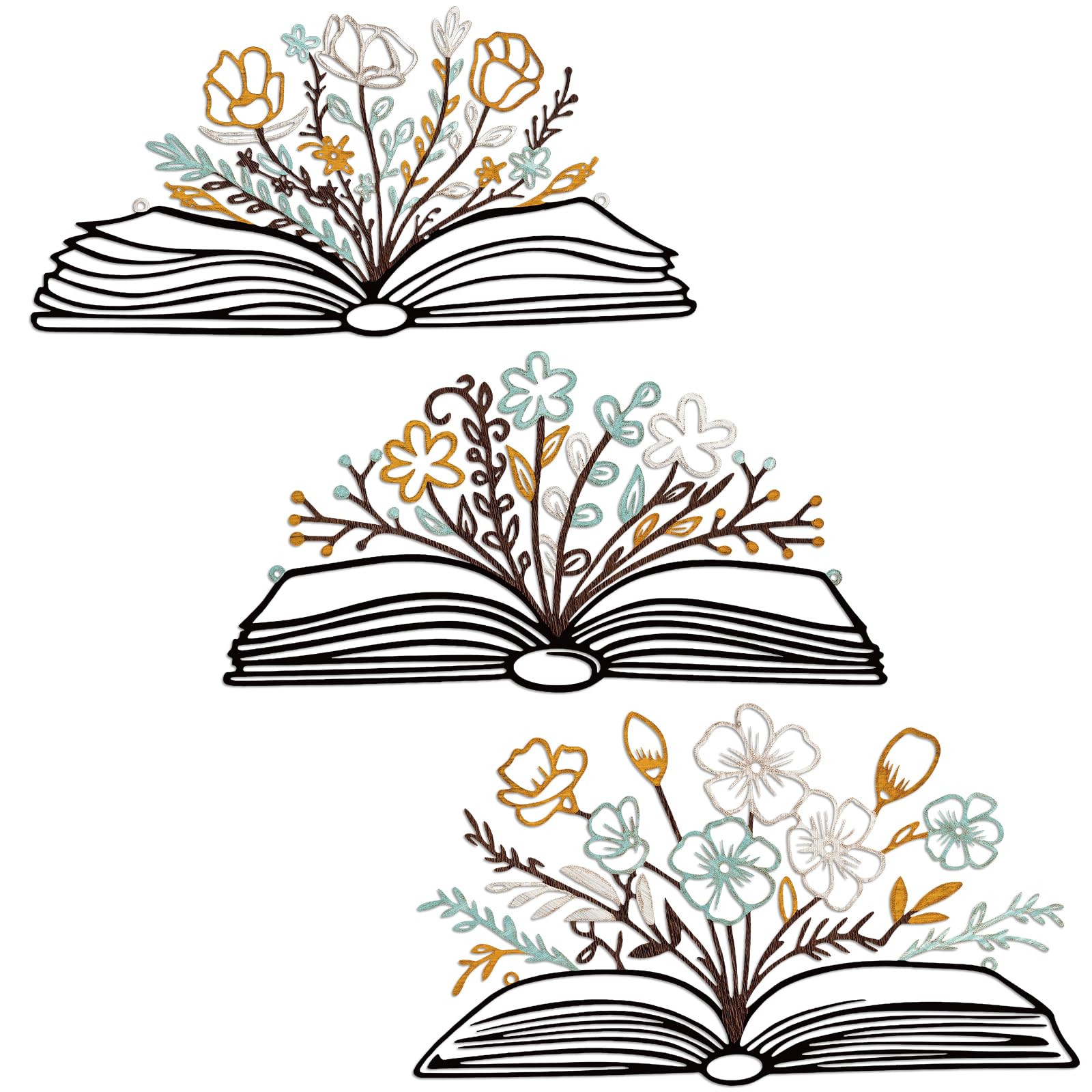 Honeydak 3 Pcs Reading Flower Book Wall Art Metal Library Wall Decor Sign Book Lovers Teacher Gift Silhouette Hanging Sculptures for Home Reading Room Office (Rustic Color,Elegant Style)