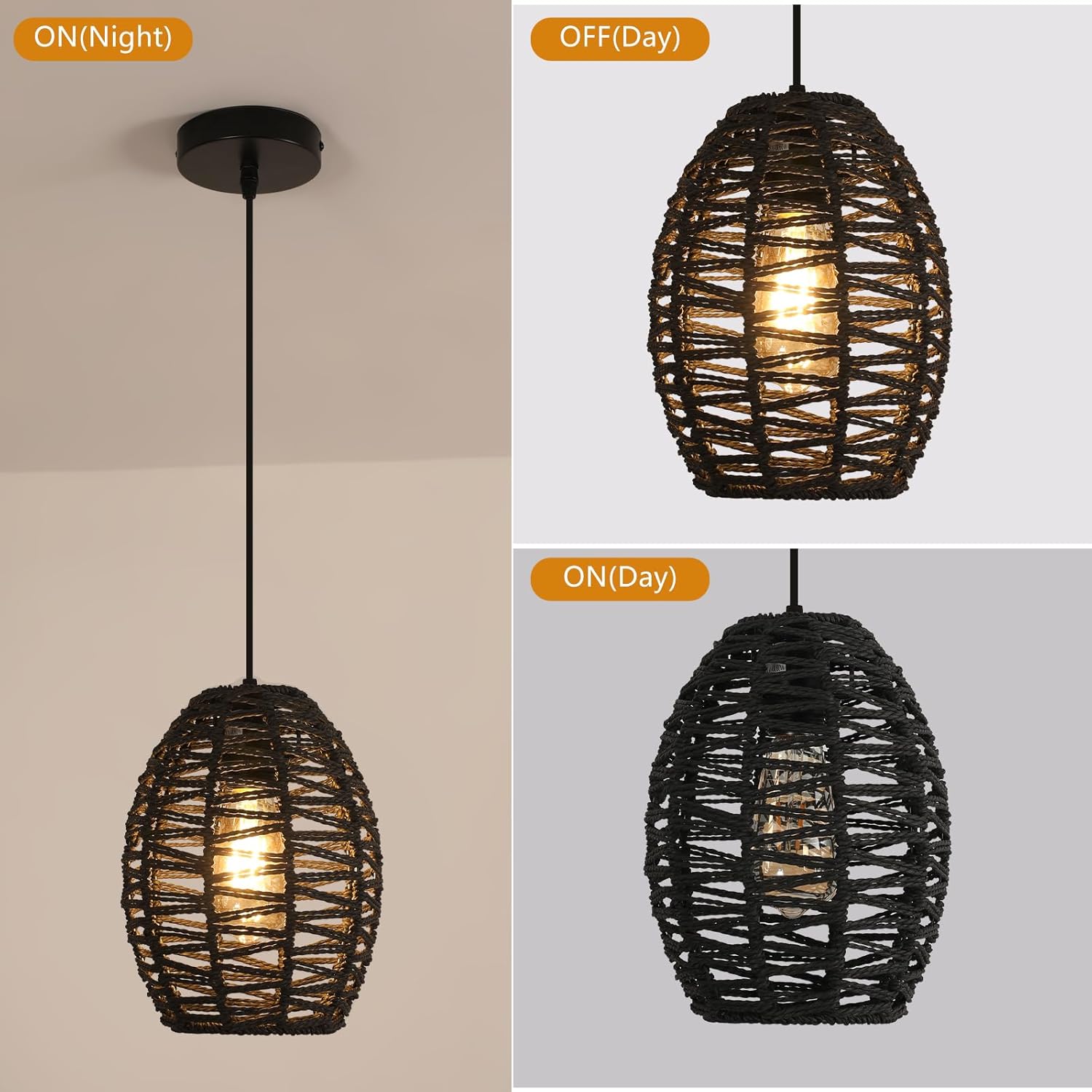 DELIPOP Pendant Light, Hand-Woven Rattan Chandelier, Boho Hanging Light with Adjustable Cord 4.9ft for Living Room, Dining Room, Kitchen, Bedroom (Black)