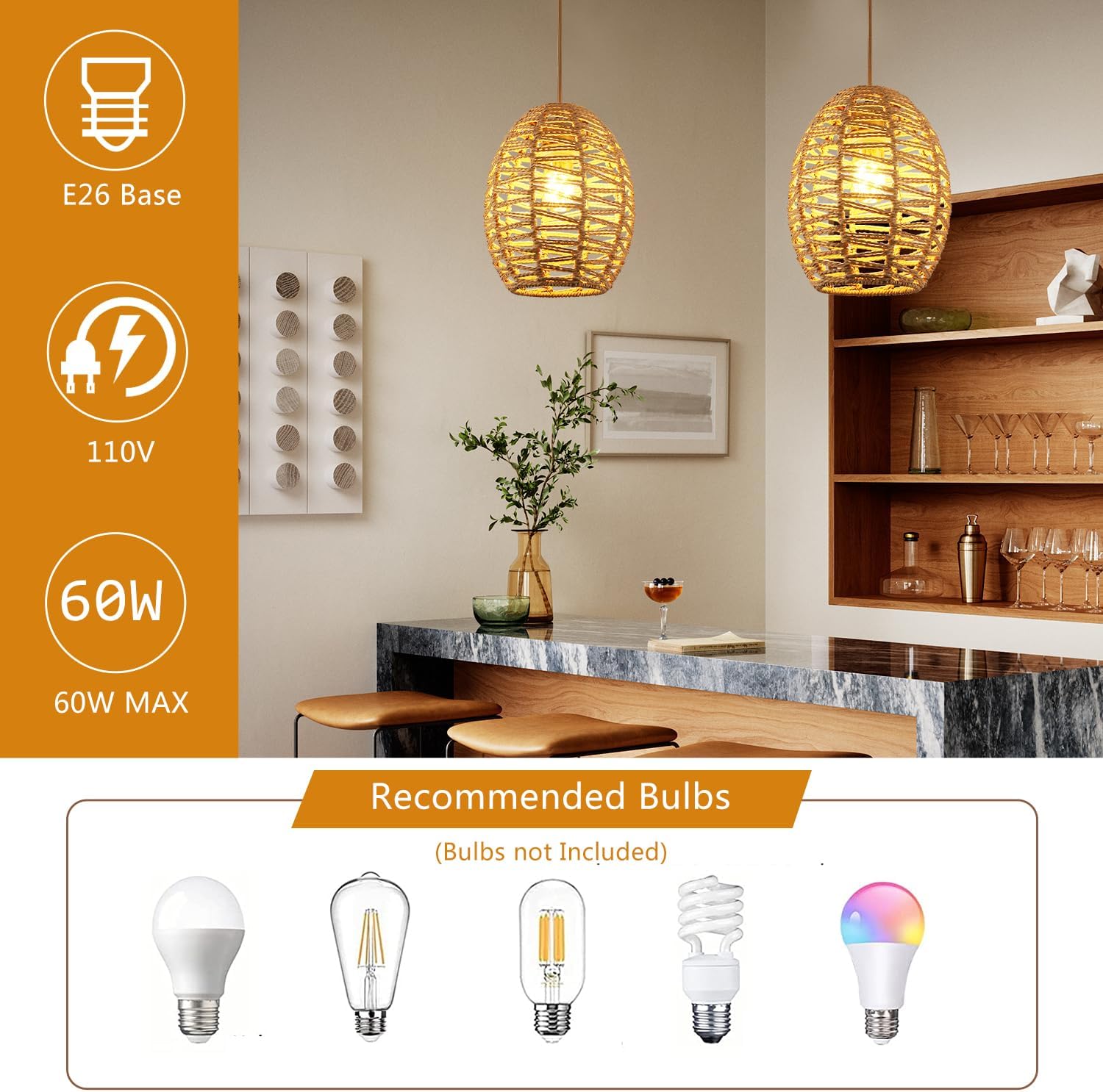 DELIPOP Pendant Light, Hand-Woven Rattan Chandelier, Boho Adjustable Hanging Lights for Living Room, Dining Room, Kitchen, Bedroom, Farmhouse