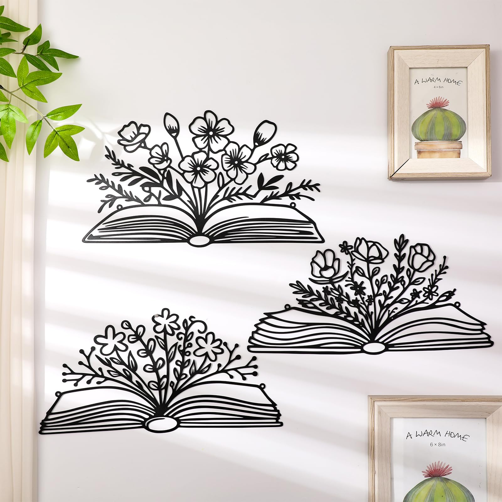 Honeydak 3 Pcs Reading Flower Book Wall Art Metal Library Wall Decor Sign Book Lovers Teacher Gift Silhouette Hanging Sculptures for Home Reading Room Office (Rustic Color,Elegant Style)