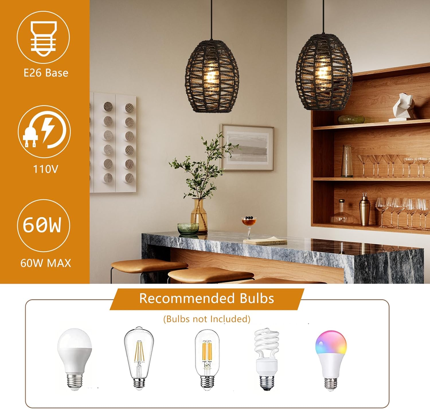 DELIPOP Pendant Light, Hand-Woven Rattan Chandelier, Boho Hanging Light with Adjustable Cord 4.9ft for Living Room, Dining Room, Kitchen, Bedroom (Black)