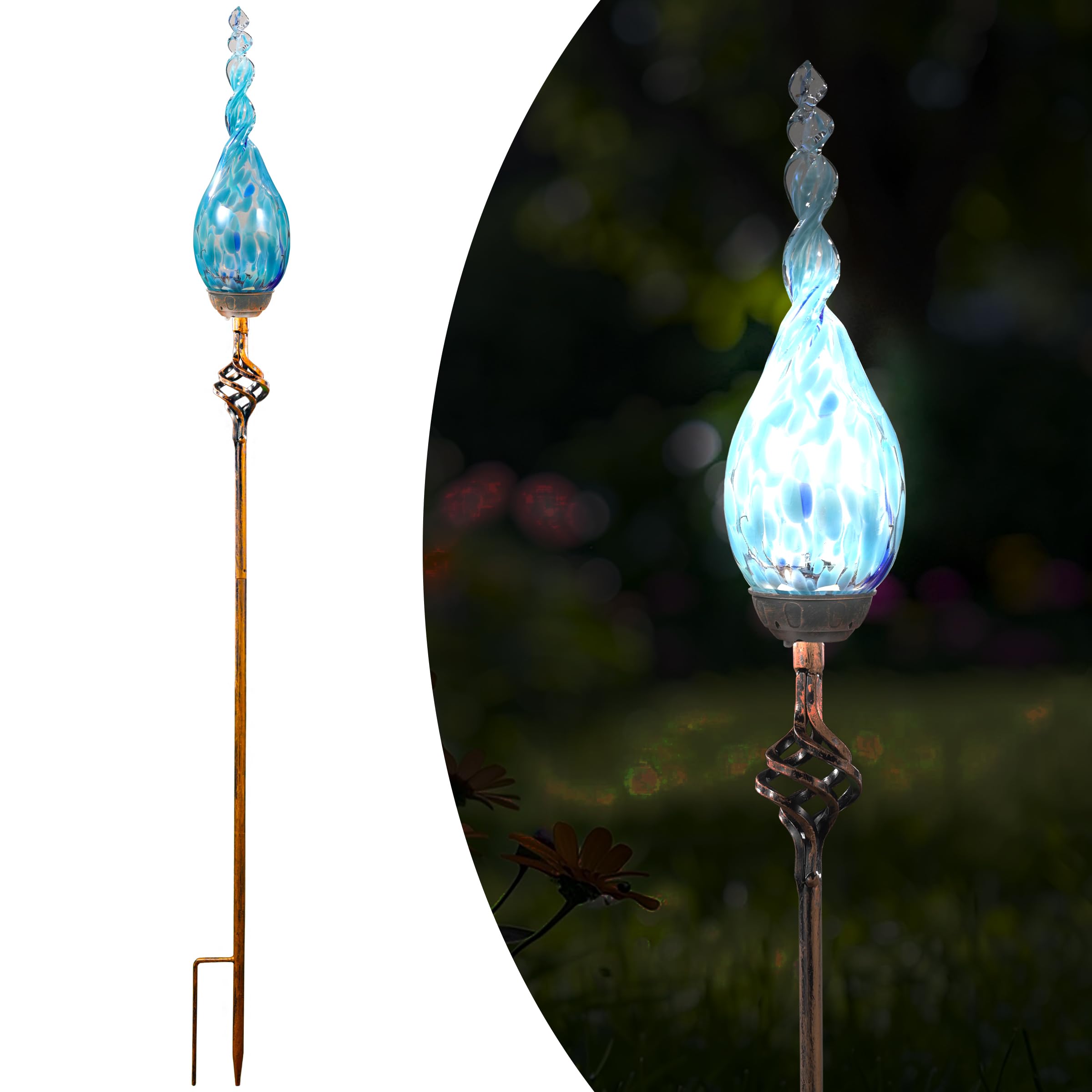 Solar Garden Lights Outdoor, Decorative LED Flame Garden Stakes, Hand Blown Glass and Outdoor Waterproof Glass Stakes (Dark Blue)