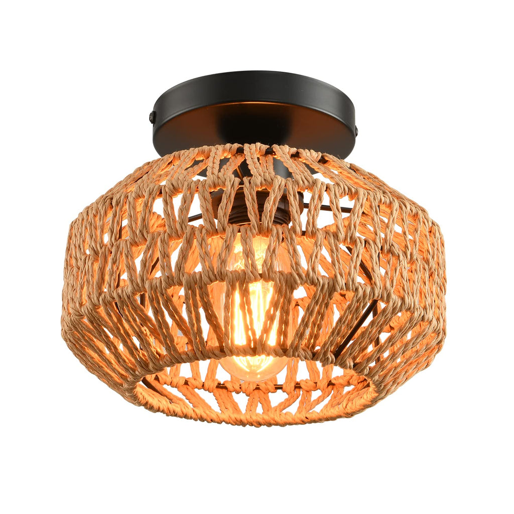 2 Pack Plug in Pendant Light Rattan Hanging Lamp with Switch,Mini Rattan Boho Semi Flush Mount Ceiling Light,Hand Woven Hallway Light Fixtures for Bedroom Entryway