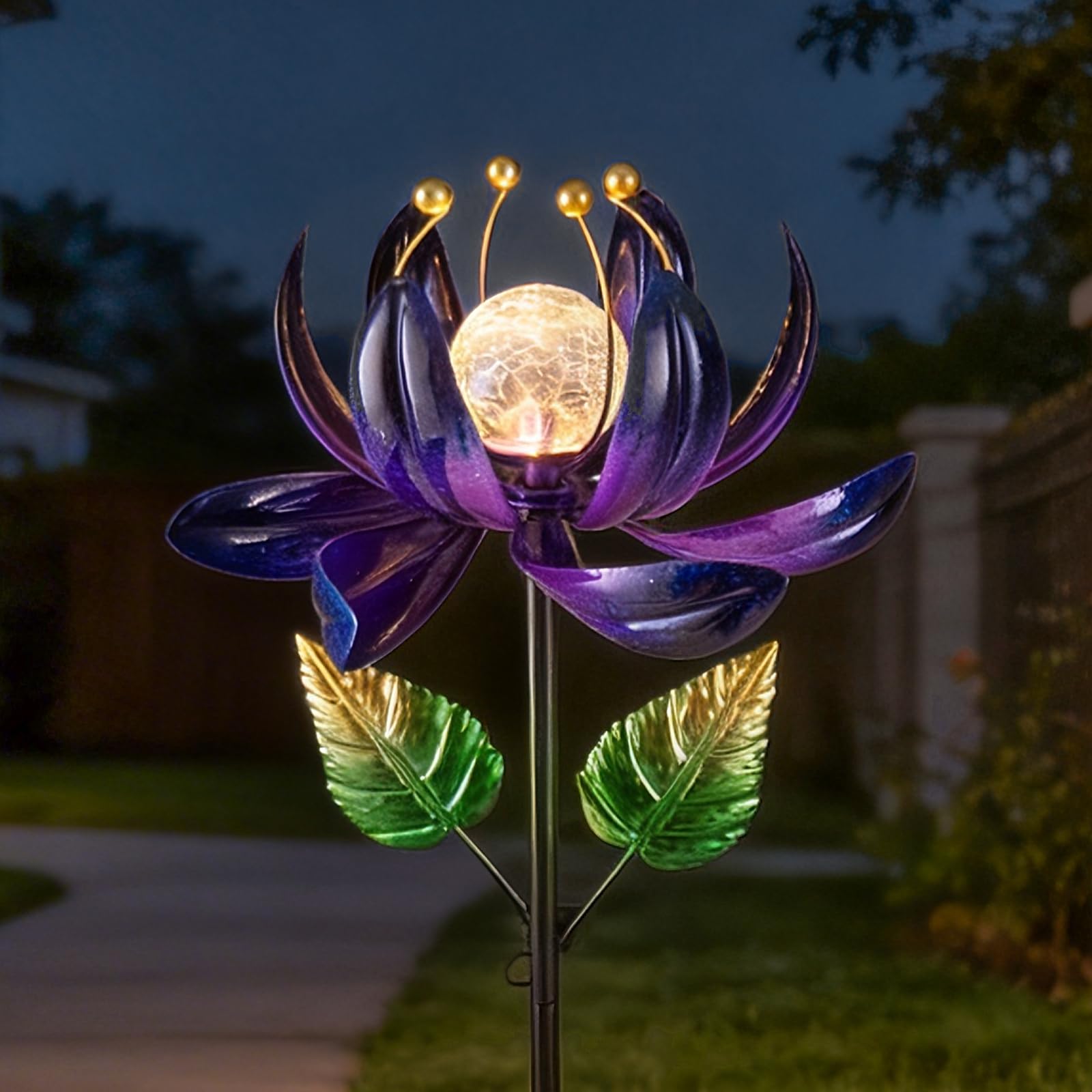Solar Garden Lights Metal Flower Decor, Colorful Spinning Windmill Lotus Pathway Ligths with LED Cracked Crystal Ball Outdoor Decorative Stake Lighting Waterproof Flower Sculpture for Patio Yard