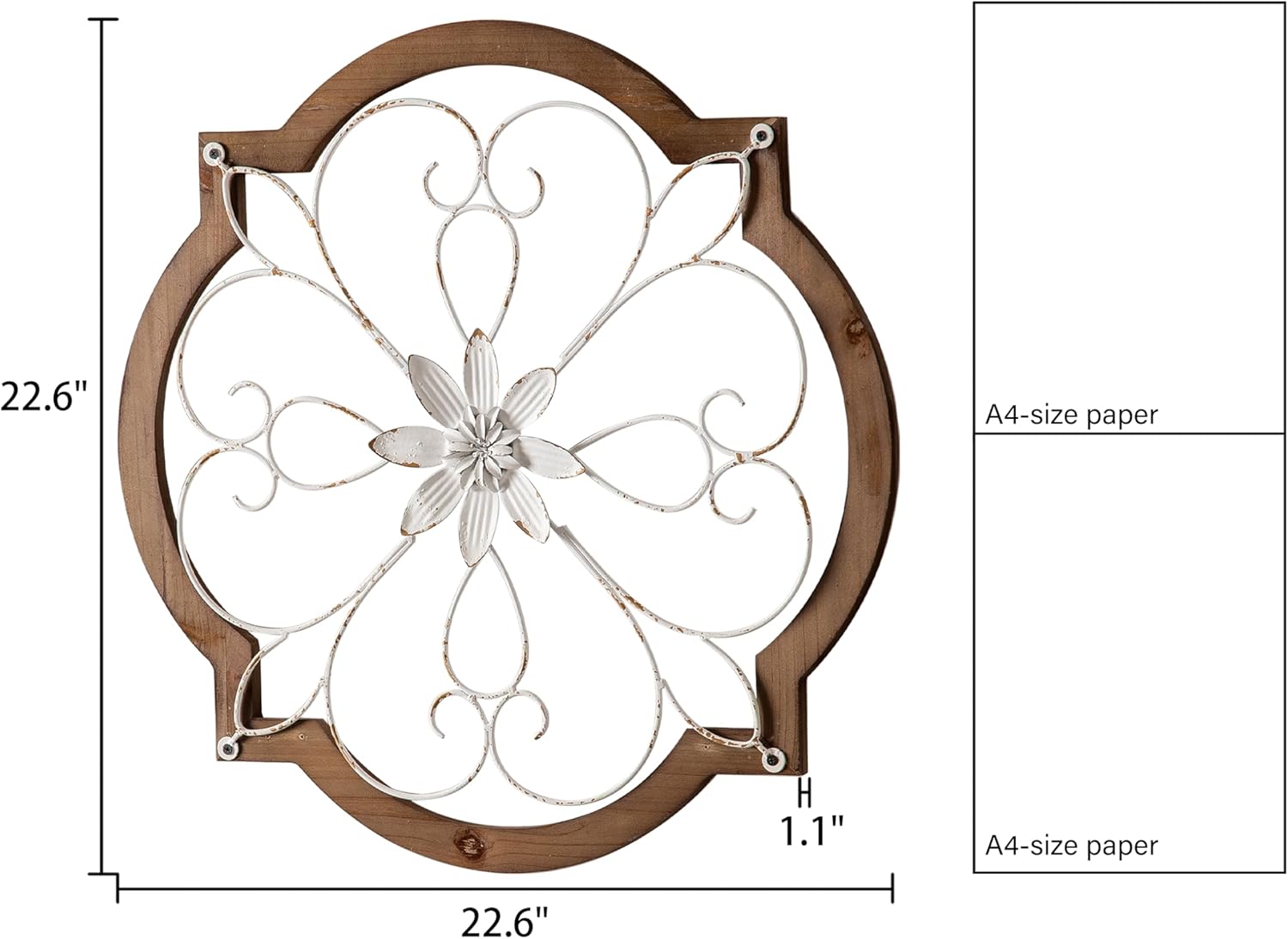 Sintosin Vintage Wrought Iron Wall Decor 22", Hanging Farmhouse Distressed White Metal Scroll Wall Decor, Wood Frame and Metal Flower Wall Art Decor for Living Room Entryway Hallway