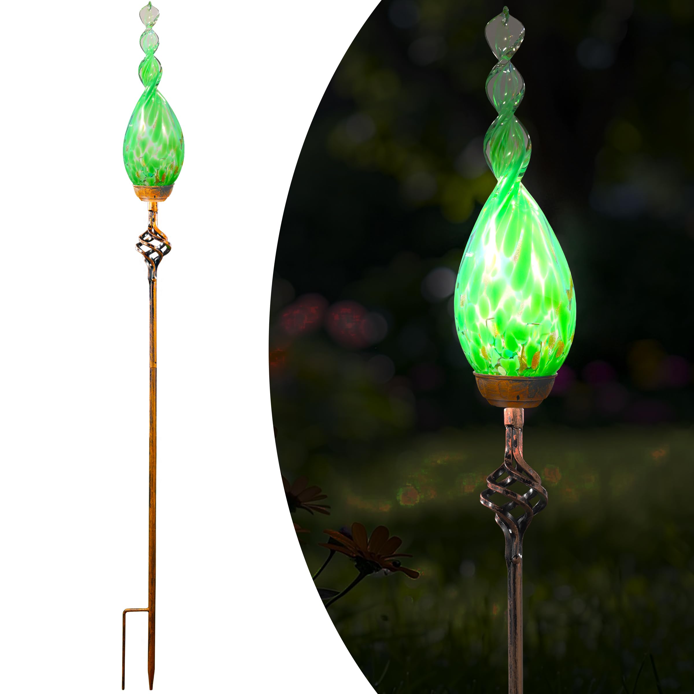 Solar Garden Lights Outdoor, Decorative LED Flame Garden Stakes, Hand Blown Glass and Outdoor Waterproof Glass Stakes (Dark Blue)