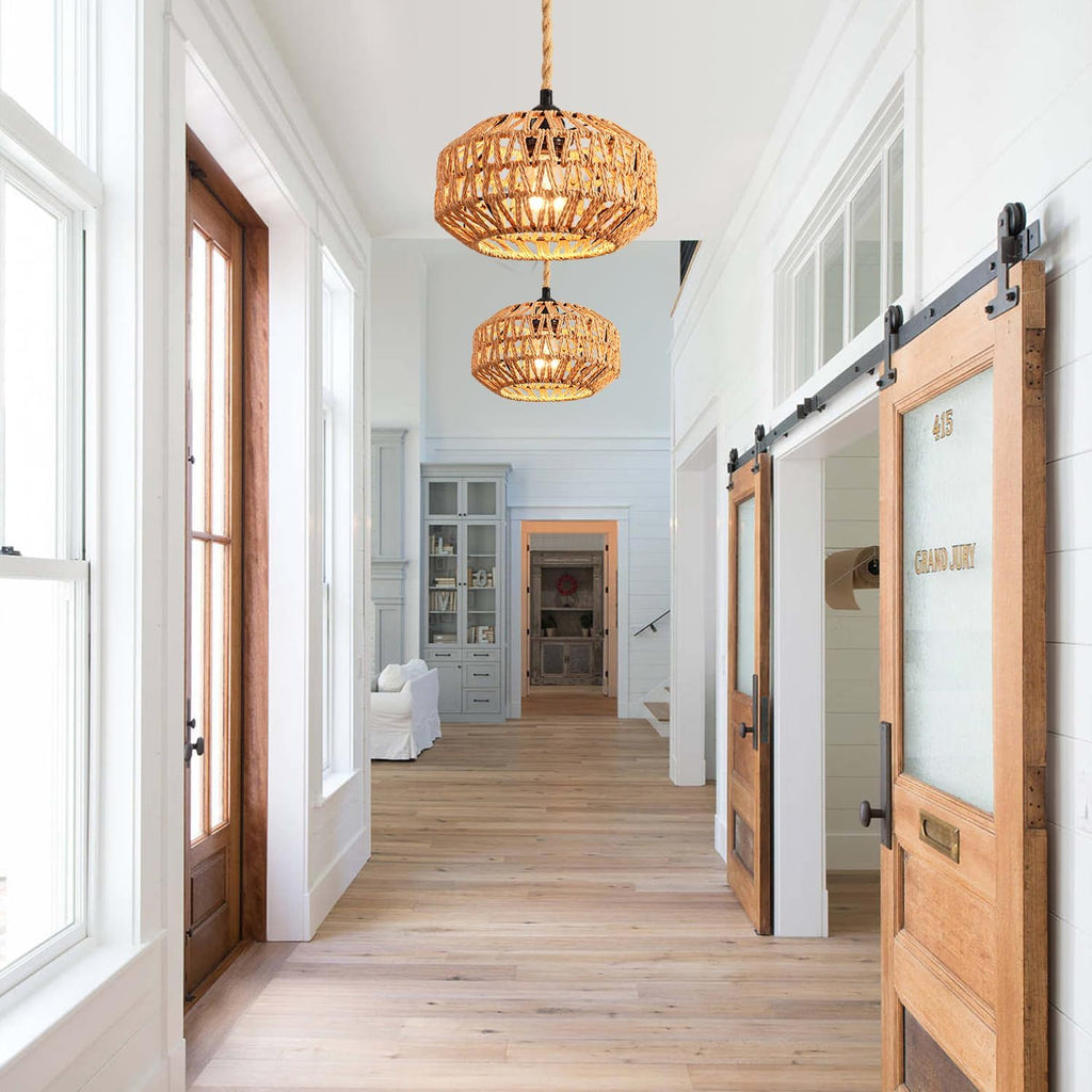 Plug in Pendant Light Rattan Hanging Lamp with Switch,Mini Rattan Boho Semi Flush Mount Ceiling Light,Hand Woven Hallway Light Fixtures for Bedroom Entryway Kitchen