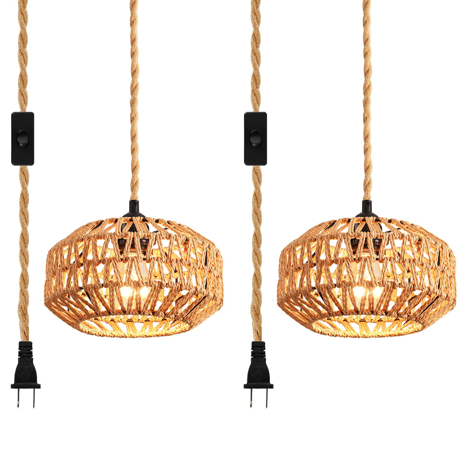 2 Pack Plug in Pendant Light Rattan Hanging Lamp with Switch,Mini Rattan Boho Semi Flush Mount Ceiling Light,Hand Woven Hallway Light Fixtures for Bedroom Entryway