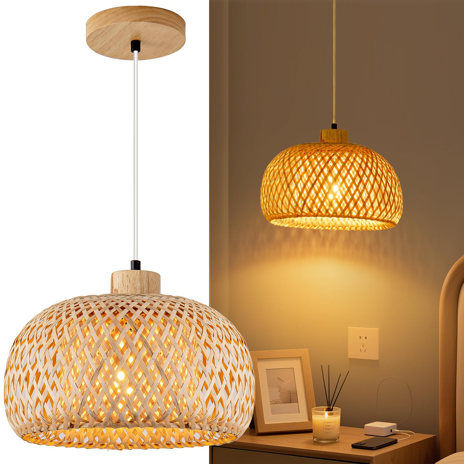 Bamboo Pendant Light, 11.8inch Hand-Woven Natural Wicker Rattan Bamboo Lamp, Beige Boho Hanging Chandelier, Rustic Island Dining Ceiling Light for Living Room, Kitchen, Farmhouse, Bedroom