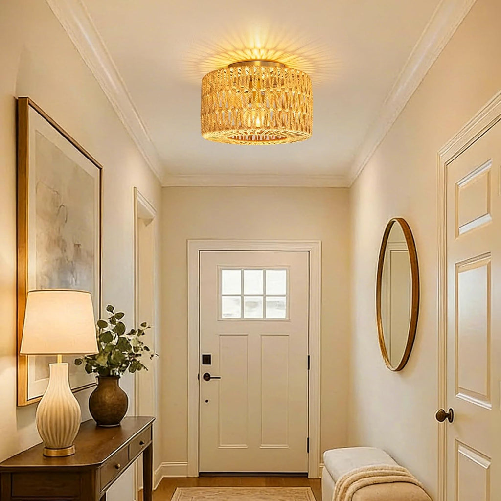 Handwoven Rattan Pendant Light for Living Room,Boho Farmhouse Wicker Chandelier,Hanging Ceiling Light for Dining Room,Entryway,Handmade Natural Rattan Light Fixture,Adjustable Height,Home Decor
