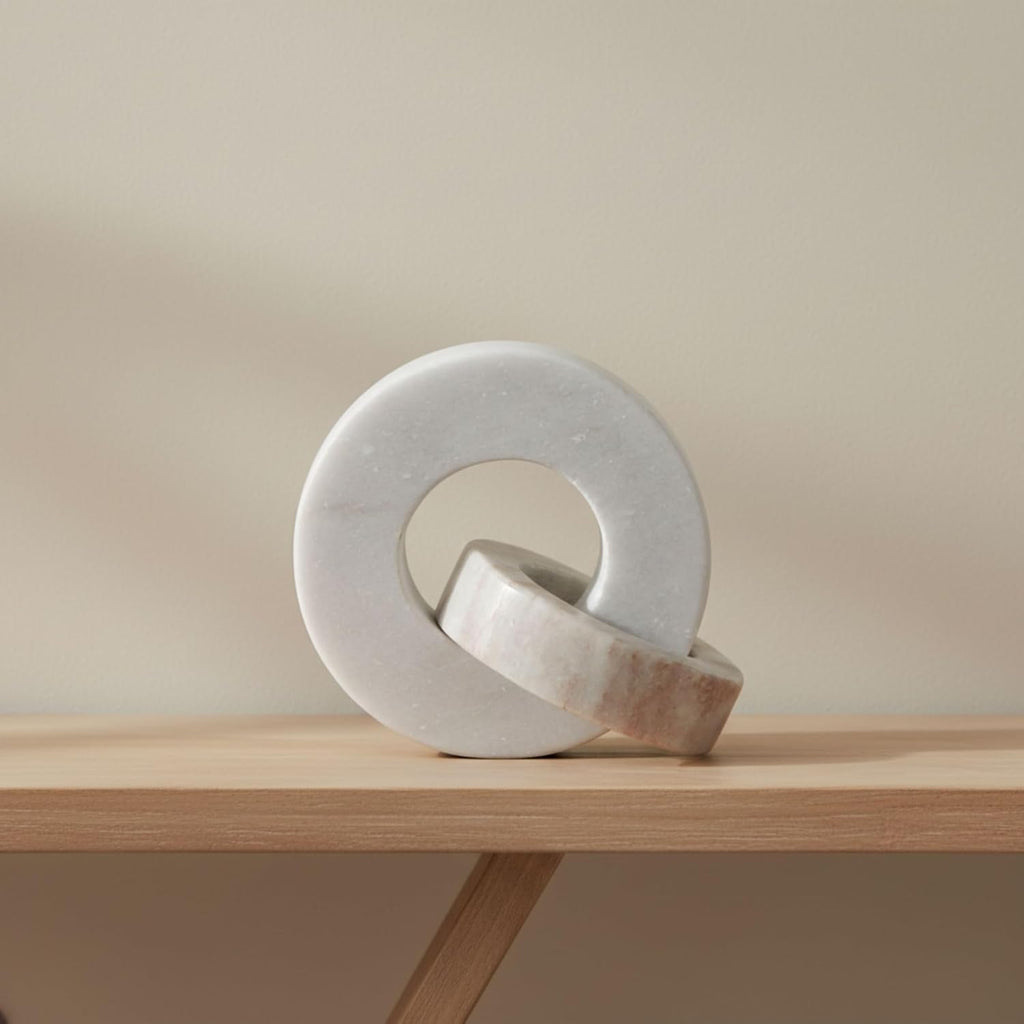 Home Decor and Bathroom Decor Marble Double Ring - Modern Shelf Sculpture and Office Accents for Room Styling - Coffee Table Ornaments and Living Room Decor Statues Design - 6", White & Beige