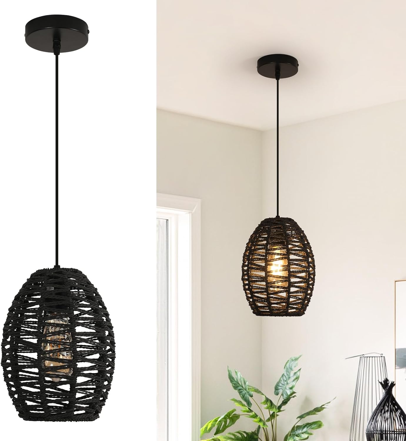 DELIPOP Pendant Light, Hand-Woven Rattan Chandelier, Boho Hanging Light with Adjustable Cord 4.9ft for Living Room, Dining Room, Kitchen, Bedroom (Black)