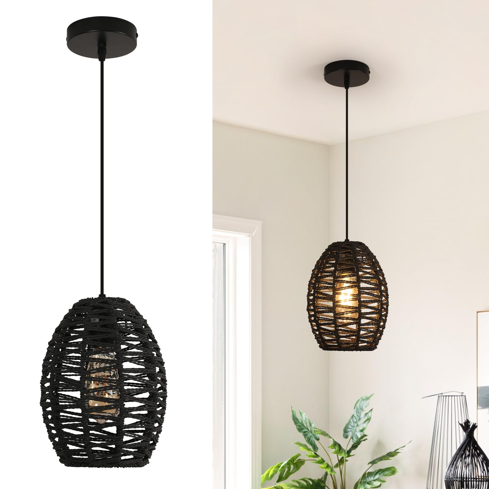 DELIPOP Pendant Light, Hand-Woven Rattan Chandelier, Boho Hanging Light with Adjustable Cord 4.9ft for Living Room, Dining Room, Kitchen, Bedroom (Black)