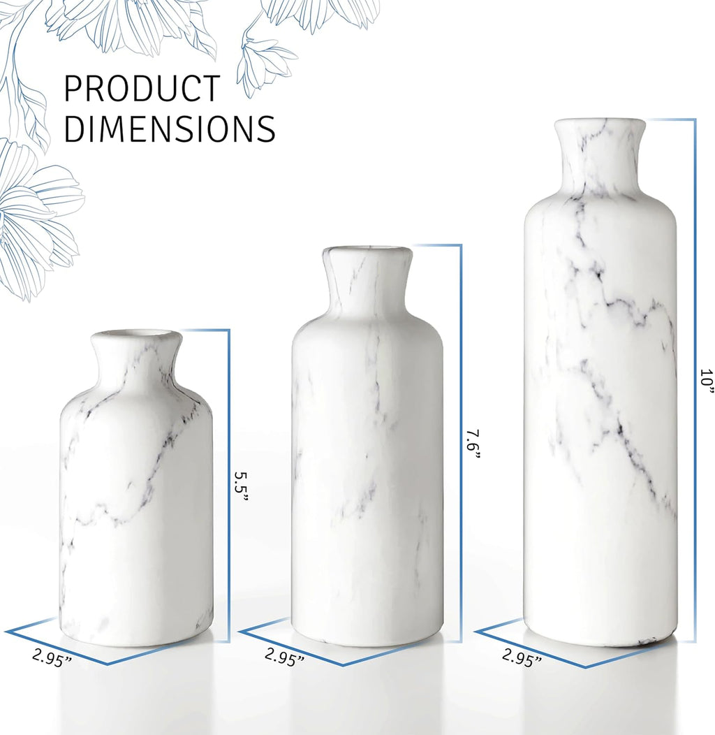 Creative Scents White Marble Look Vases Home Decor - Vase Set of 3 - Perfect for Holding Pampas Grass, Dried/Fresh Flowers, Vases for Your Kitchen, Bedroom, Office, Living/Dining Room, or Shelf Decor