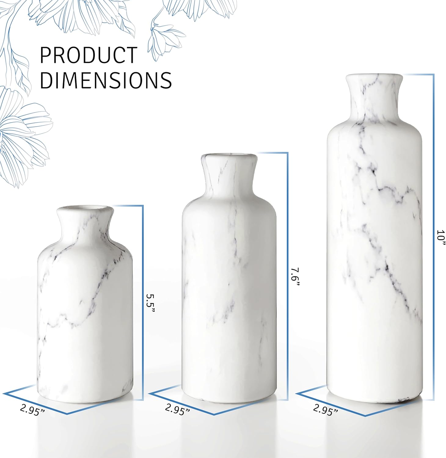 Creative Scents White Marble Look Vases Home Decor - Vase Set of 3 - Perfect for Holding Pampas Grass, Dried/Fresh Flowers, Vases for Your Kitchen, Bedroom, Office, Living/Dining Room, or Shelf Decor
