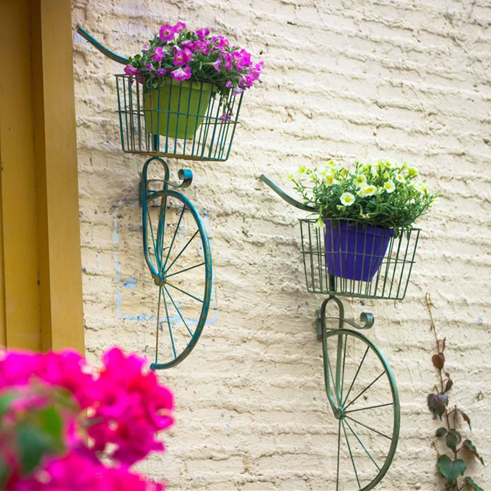 3D Bike Wall Decor, Iron Bike Wall Art with Flower Basket, Large Bicycle Sculpture, Spring Bicycle Decorations, Hand Crafted Wall Mounted Metal Art for Living Room Outdoor Bedroom(Green)