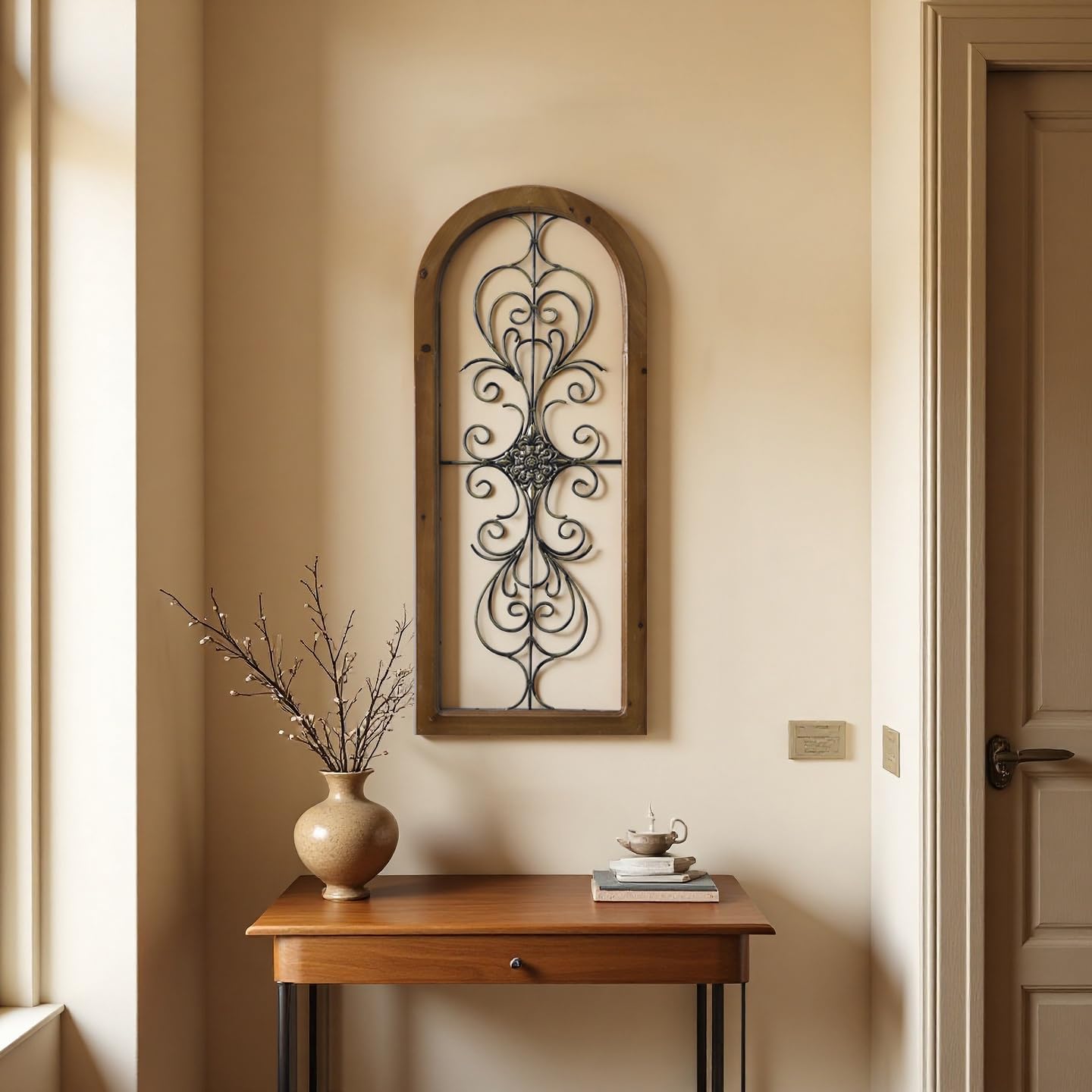 Sintosin Vintage Metal Wall Art for Living Room 13 X 32 Inches, Handmade Distressed Wooden Wall Panels with Carved Wrought Iron above Bed Decor, Farmhouse Wall Decor for Kitchen Entryway