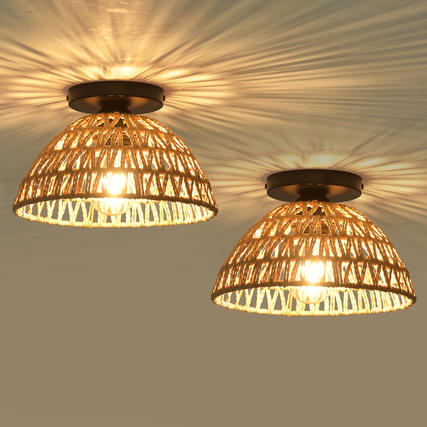 2 Pack Plug in Pendant Light Rattan Hanging Lamp with Switch,Mini Rattan Boho Semi Flush Mount Ceiling Light,Hand Woven Hallway Light Fixtures for Bedroom Entryway