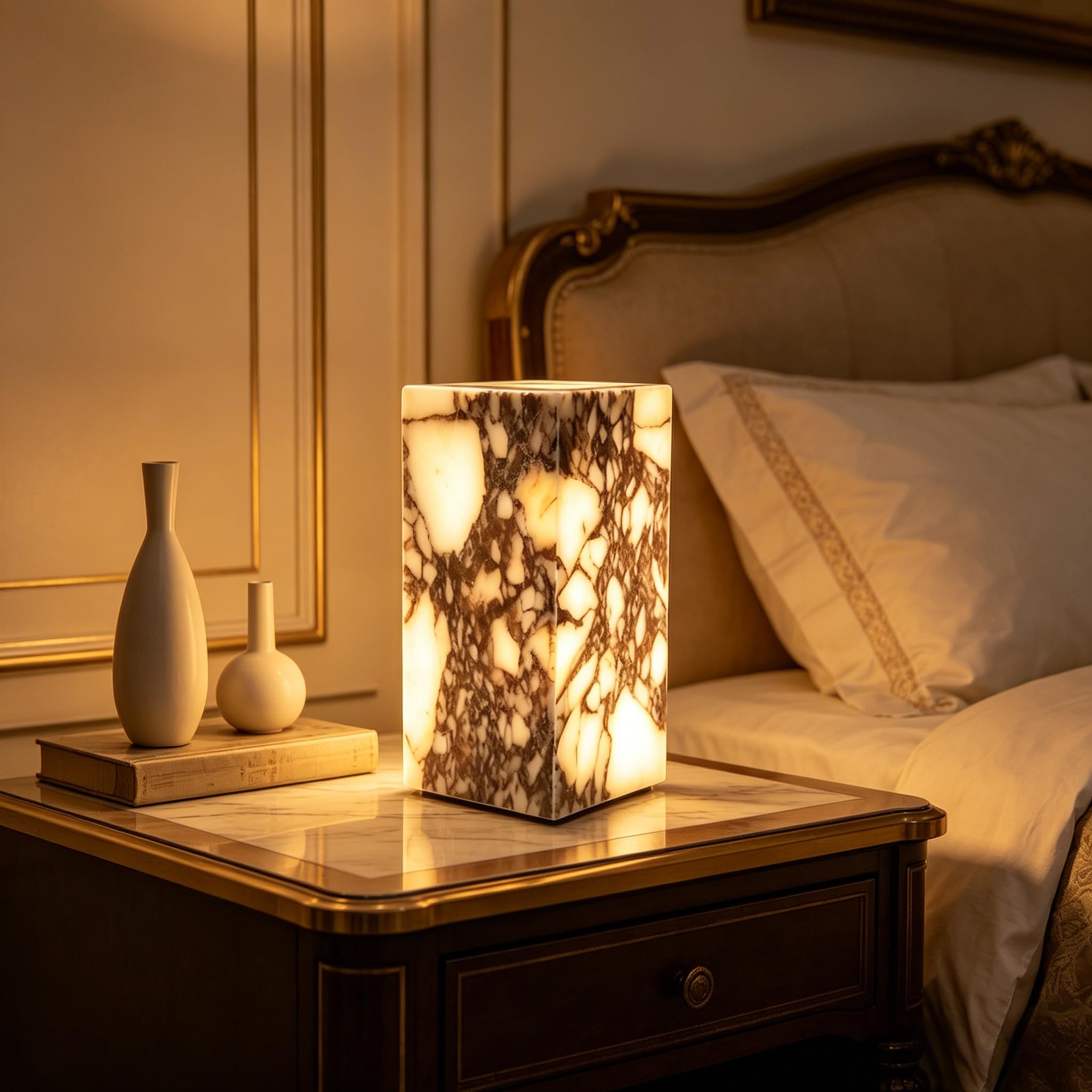 Marble Lamp Luxury Stone Table Lamp Type-C Rechargeable Touch Night Light Small Bedside Lamp Cordless Ambient Light for Home Decor, Bedroom, Living Room & Office (Cylinder-L)