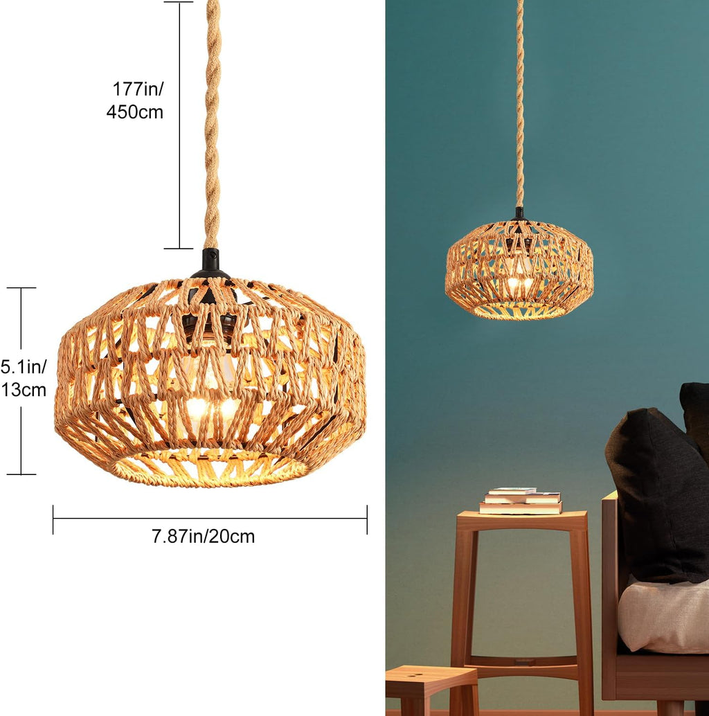 Plug in Pendant Light Rattan Hanging Lamp with Switch,Mini Rattan Boho Semi Flush Mount Ceiling Light,Hand Woven Hallway Light Fixtures for Bedroom Entryway Kitchen