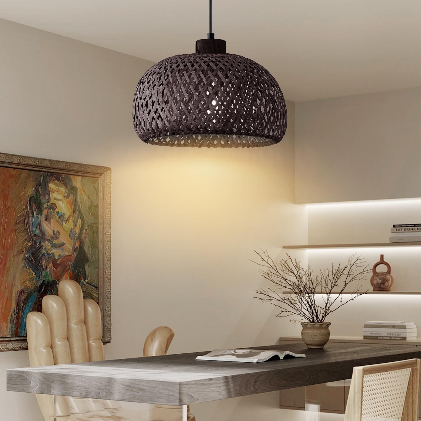 Bamboo Pendant Light, 11.8inch Hand-Woven Natural Wicker Rattan Bamboo Lamp, Beige Boho Hanging Chandelier, Rustic Island Dining Ceiling Light for Living Room, Kitchen, Farmhouse, Bedroom