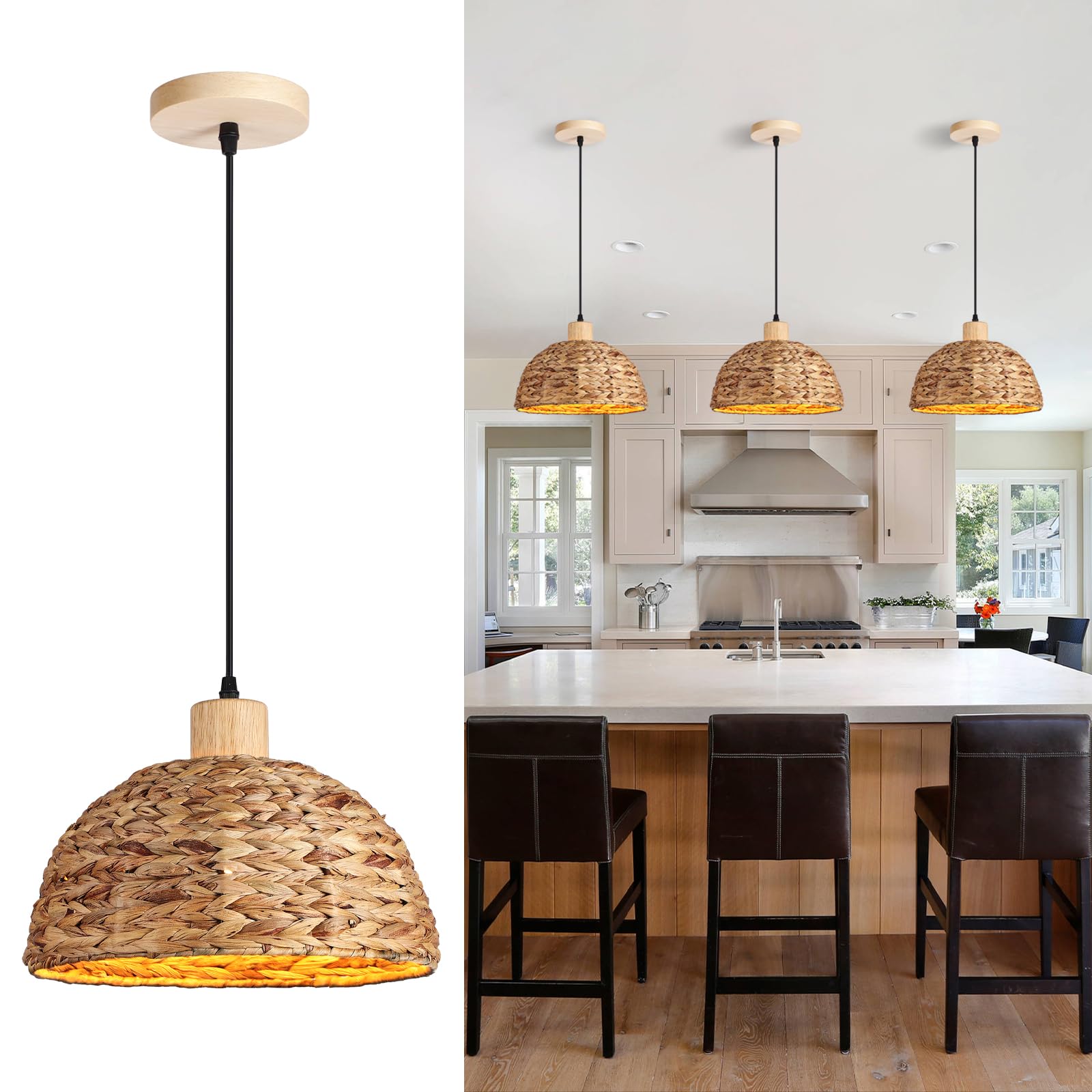 Boho Pendant Lights Kitchen Island, 11.8" Bohemian Rattan Hand-Woven Light Fixture Natural Seagrass Weaving Lighting Hanging Ceiling Chandelier for Restaurants Living Dining Room Farmhouse