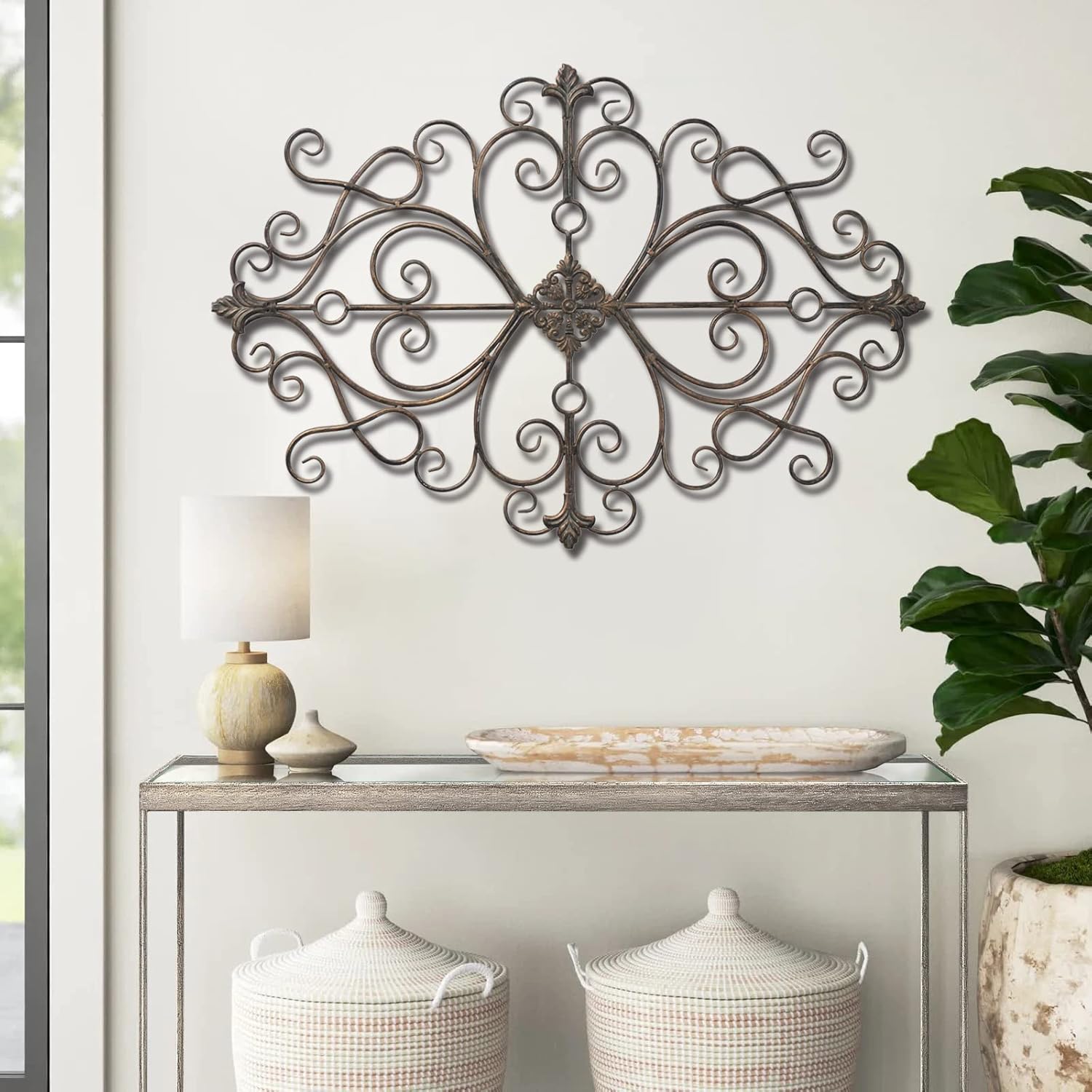Sintosin Vintage Scroll Wrought Iron Wall Decor 36" x 24", Hanging Distressed Finish Traditional Large Metal Art Wall Decor for Living Room Bedroom Fireplace, Antique Outdoor Metal Home Decor