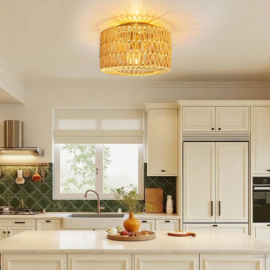 Handwoven Rattan Pendant Light for Living Room,Boho Farmhouse Wicker Chandelier,Hanging Ceiling Light for Dining Room,Entryway,Handmade Natural Rattan Light Fixture,Adjustable Height,Home Decor