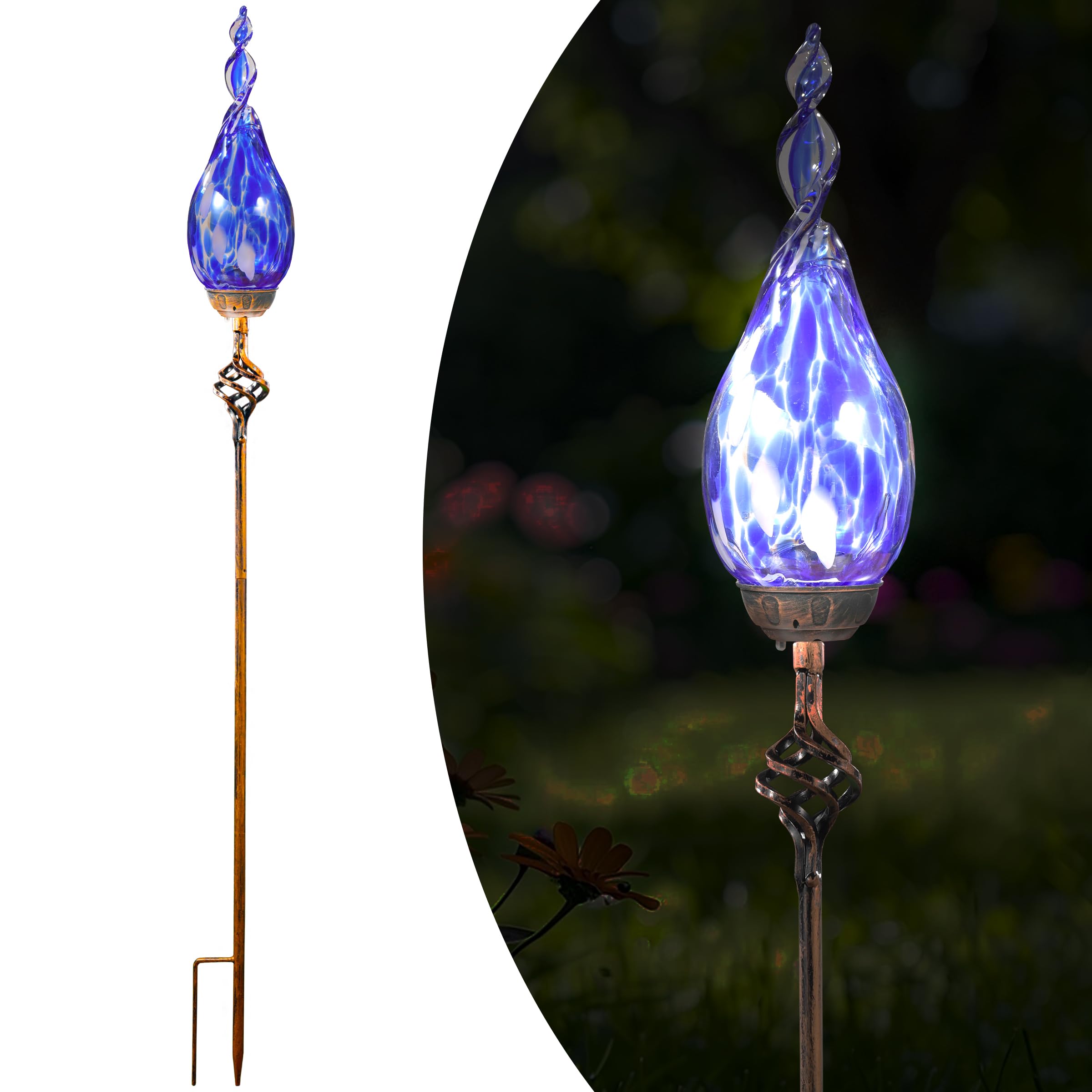 Solar Garden Lights Outdoor, Decorative LED Flame Garden Stakes, Hand Blown Glass and Outdoor Waterproof Glass Stakes (Dark Blue)