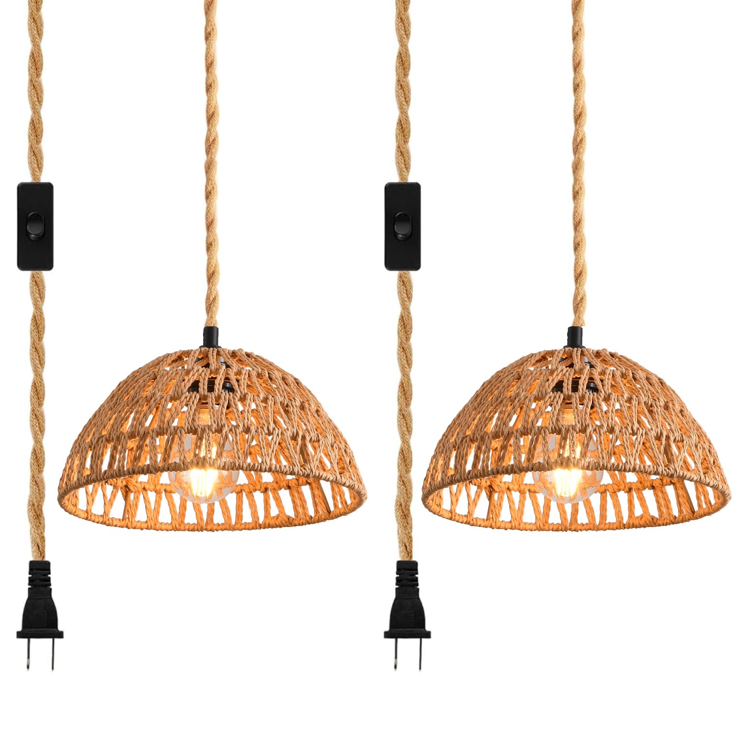Plug in Pendant Light Rattan Hanging Lamp with Switch,Mini Rattan Boho Semi Flush Mount Ceiling Light,Hand Woven Hallway Light Fixtures for Bedroom Entryway Kitchen