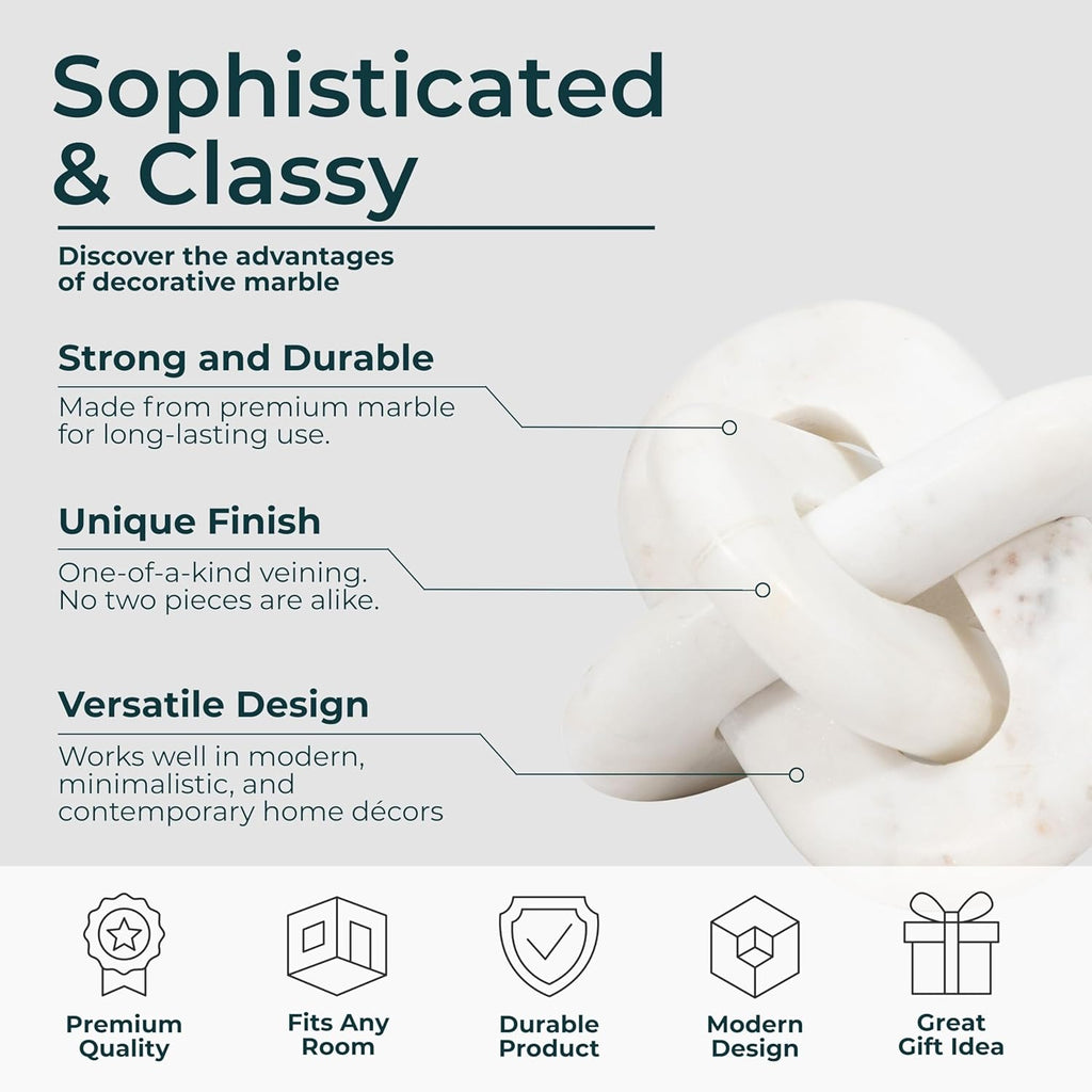 Marble Knot Sculpture for Living Room Decor - Home Tabletop Accent for Bathroom, Office, Shelf, Entryway, and Console Display - Intertwined Stone Ornament for Coffee Table Decor - 6", White