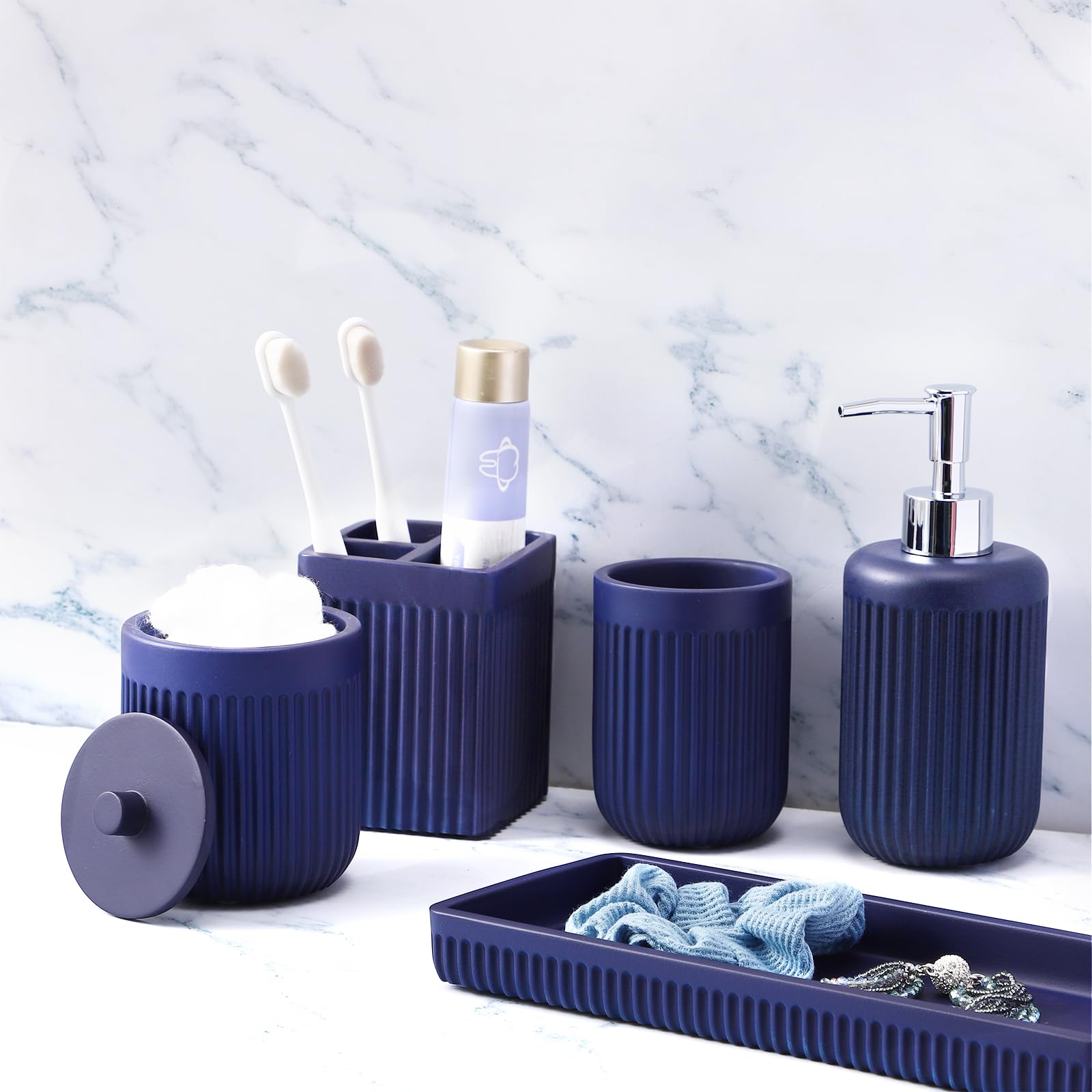 XLHOMO Resin White Marble Bathroom Accessories Set 5 Pcs, Lotion Soap Dispenser, Toothbrush Holder, Bathroom Tumbler, Qtip Holder and Vanity Tray, Bathroom Countertop Organizer Set for Home Apartment