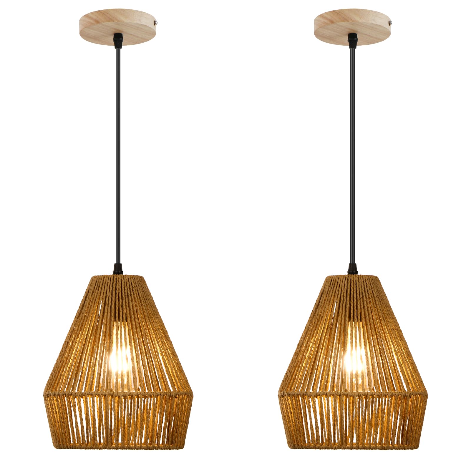 2 Pack Rattan Pendant Light Fixtures, 7'' Mini Boho Kitchen Island Pendant Lights Set of 2 Hand Woven Wicker Coastal Natural Small Hanging Light Fixture for Bedroom Dining Room Bar Hallway