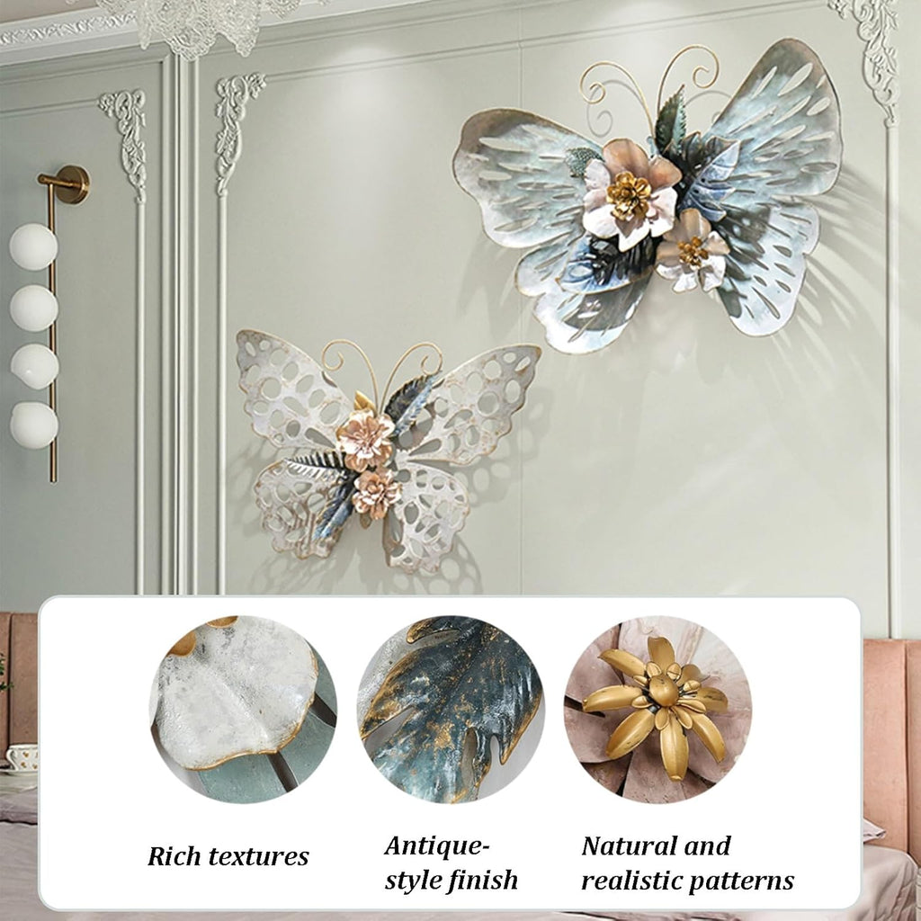 3D Wall Art Decor, Boho Metal Wall Decoration, Retro Distressed Craftsmanship, Butterfly Hanging Mural, Iron Flowers Plant Wall Decor for Living Room Entrance Office(B)
