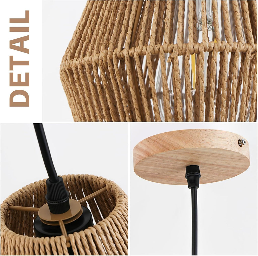 2 Pack Rattan Pendant Light Fixtures, 7'' Mini Boho Kitchen Island Pendant Lights Set of 2 Hand Woven Wicker Coastal Natural Small Hanging Light Fixture for Bedroom Dining Room Bar Hallway