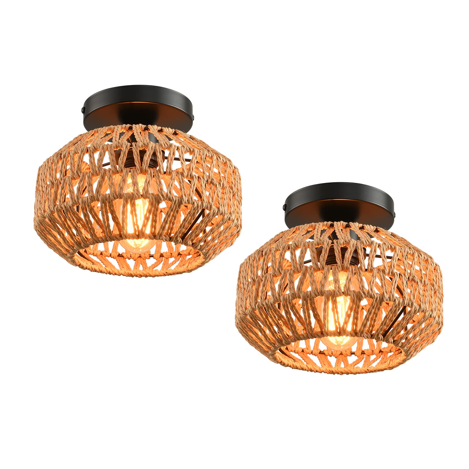 Plug in Pendant Light Rattan Hanging Lamp with Switch,Mini Rattan Boho Semi Flush Mount Ceiling Light,Hand Woven Hallway Light Fixtures for Bedroom Entryway Kitchen
