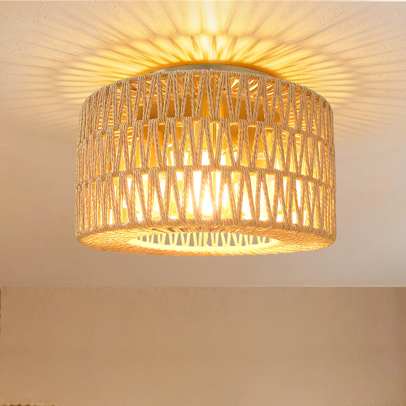 Handwoven Rattan Pendant Light for Living Room,Boho Farmhouse Wicker Chandelier,Hanging Ceiling Light for Dining Room,Entryway,Handmade Natural Rattan Light Fixture,Adjustable Height,Home Decor
