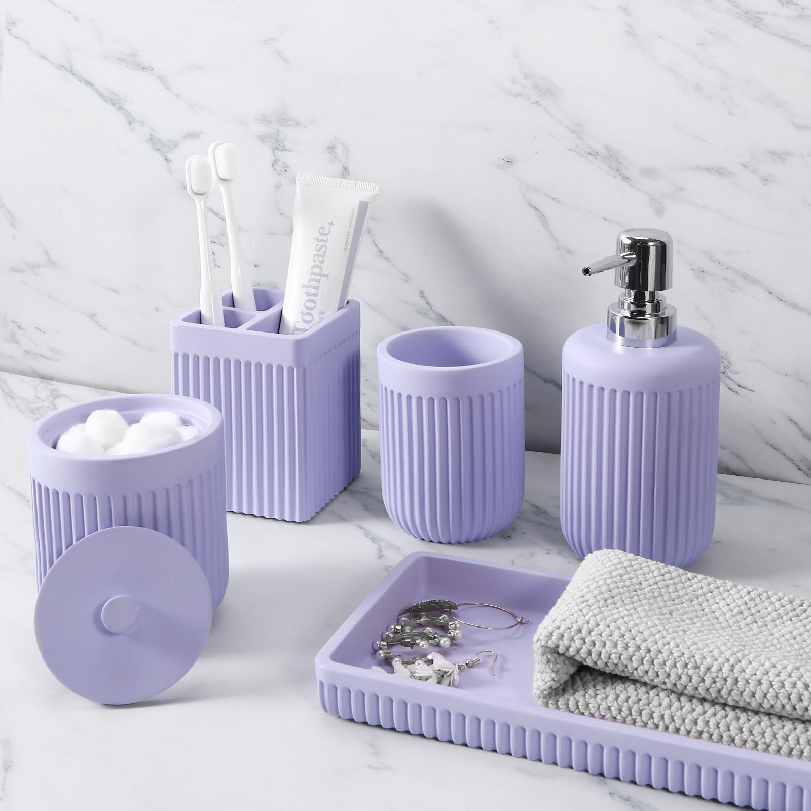 XLHOMO Resin White Marble Bathroom Accessories Set 5 Pcs, Lotion Soap Dispenser, Toothbrush Holder, Bathroom Tumbler, Qtip Holder and Vanity Tray, Bathroom Countertop Organizer Set for Home Apartment