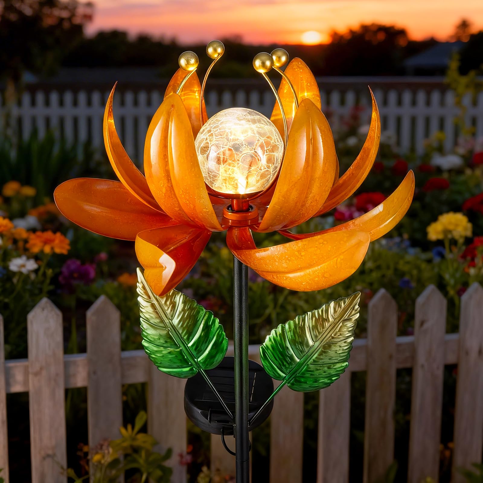Solar Garden Lights Metal Flower Decor, Colorful Spinning Windmill Lotus Pathway Ligths with LED Cracked Crystal Ball Outdoor Decorative Stake Lighting Waterproof Flower Sculpture for Patio Yard