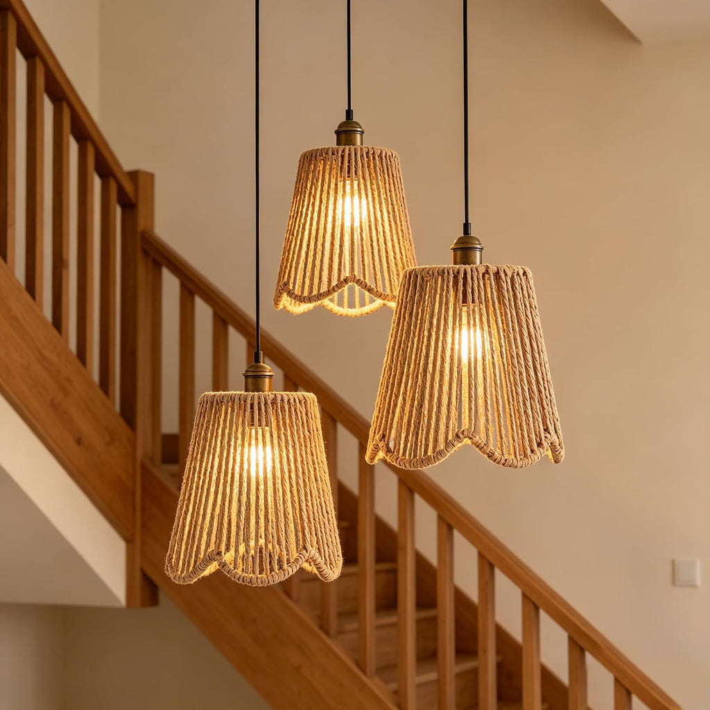 3 Pack Small Rattan Lamp Shade Replacement,Trapezoid Scalloped Wicker Boho Pendant Light Shades for Ceiling, Floor & Wall Lamps,Hand Woven Lampshades,Sconce,Hanging Light Covers,E26 / E27 Compatible