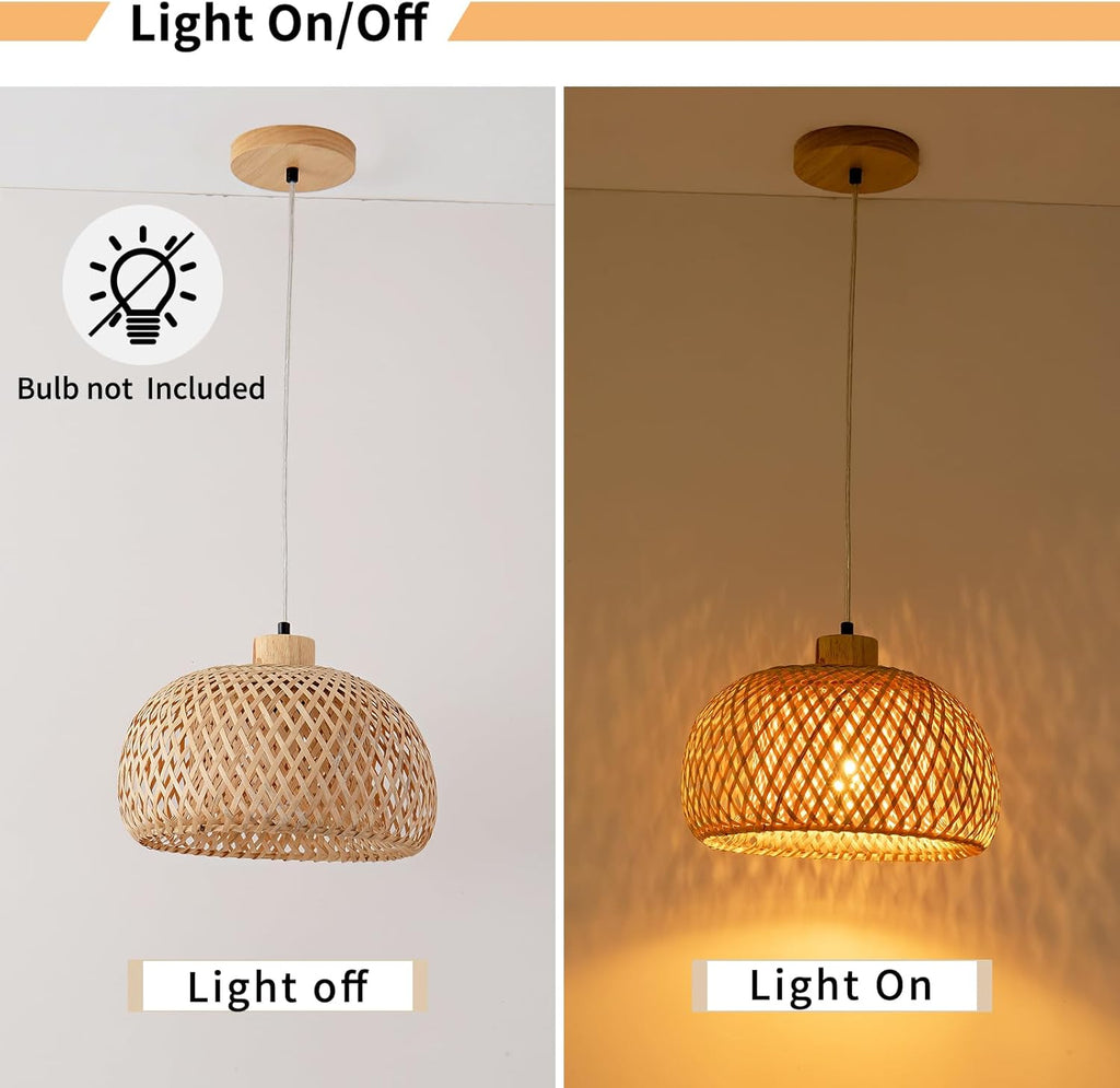 Bamboo Pendant Light, 11.8inch Hand-Woven Natural Wicker Rattan Bamboo Lamp, Beige Boho Hanging Chandelier, Rustic Island Dining Ceiling Light for Living Room, Kitchen, Farmhouse, Bedroom