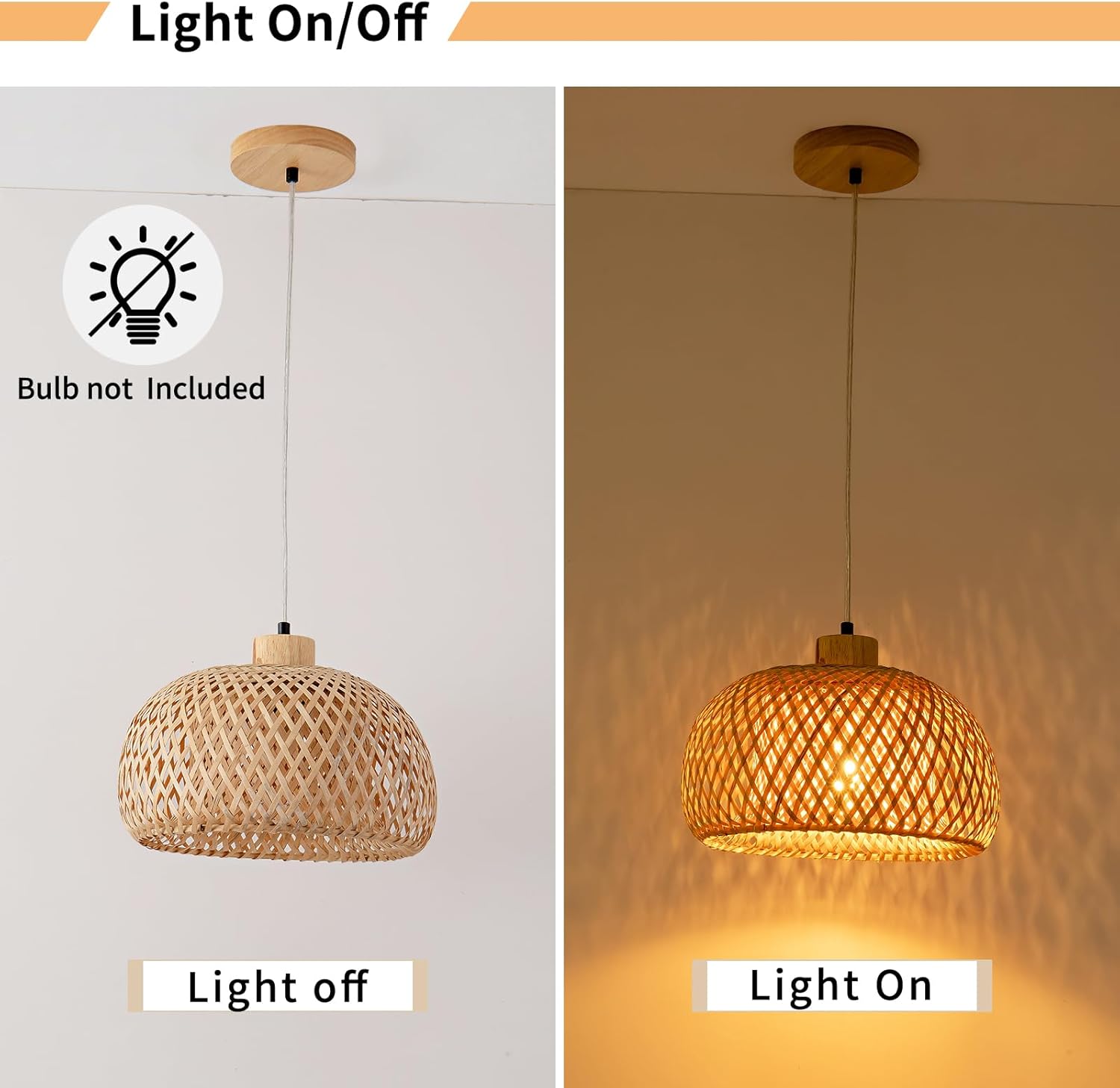 Bamboo Pendant Light, 11.8inch Hand-Woven Natural Wicker Rattan Bamboo Lamp, Beige Boho Hanging Chandelier, Rustic Island Dining Ceiling Light for Living Room, Kitchen, Farmhouse, Bedroom