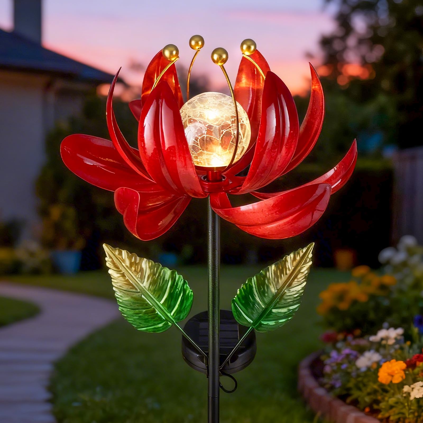 Solar Garden Lights Metal Flower Decor, Colorful Spinning Windmill Lotus Pathway Ligths with LED Cracked Crystal Ball Outdoor Decorative Stake Lighting Waterproof Flower Sculpture for Patio Yard