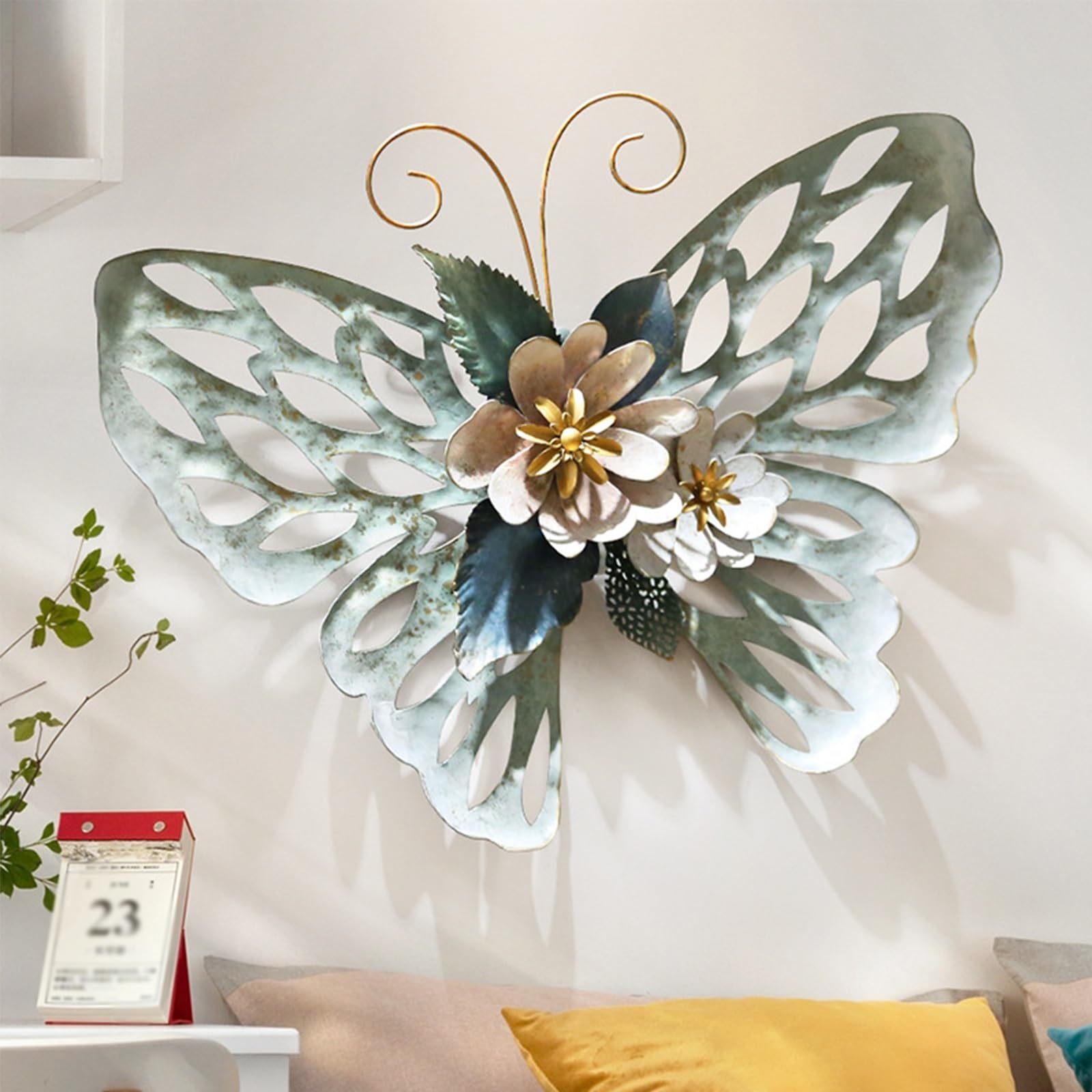3D Wall Art Decor, Boho Metal Wall Decoration, Retro Distressed Craftsmanship, Butterfly Hanging Mural, Iron Flowers Plant Wall Decor for Living Room Entrance Office(B)