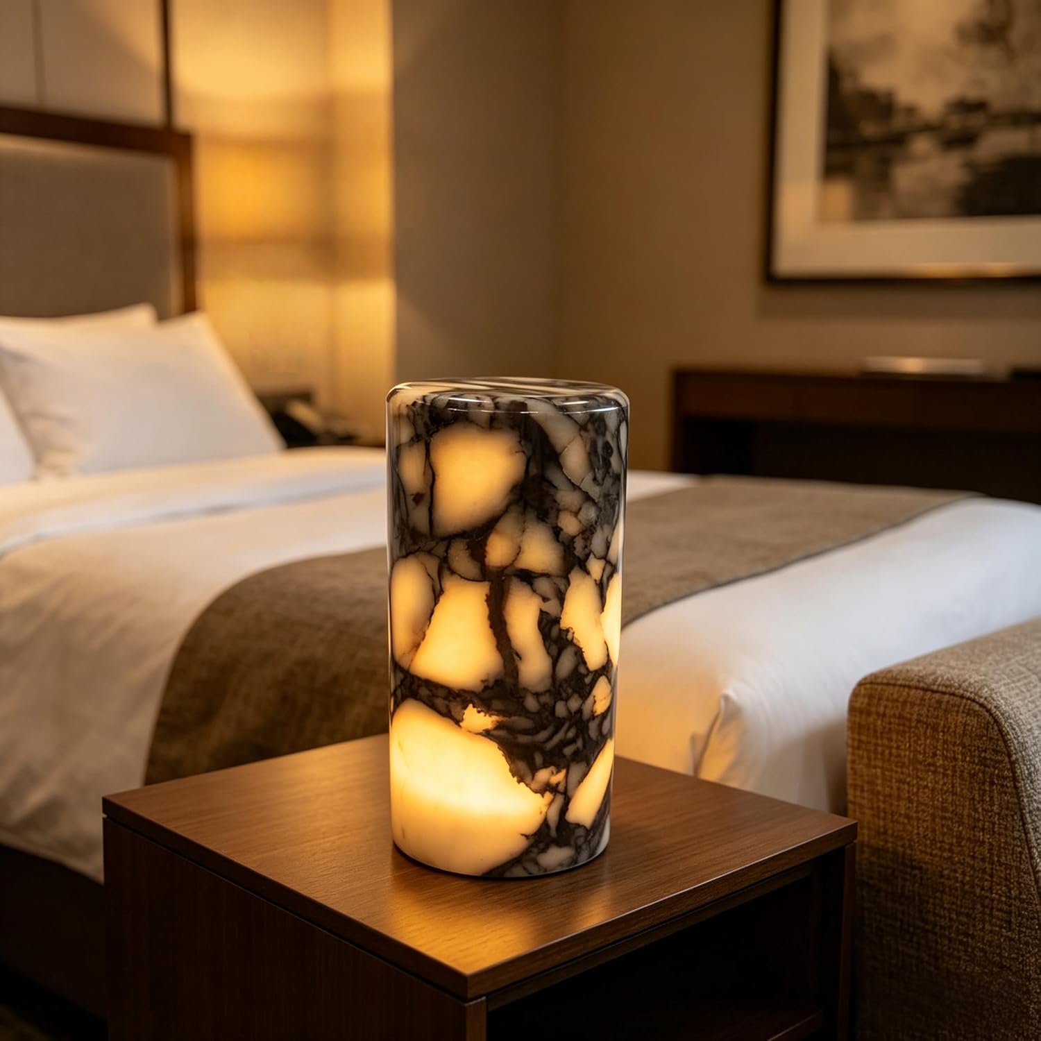 Marble Lamp Luxury Stone Table Lamp Type-C Rechargeable Touch Night Light Small Bedside Lamp Cordless Ambient Light for Home Decor, Bedroom, Living Room & Office (Cylinder-L)