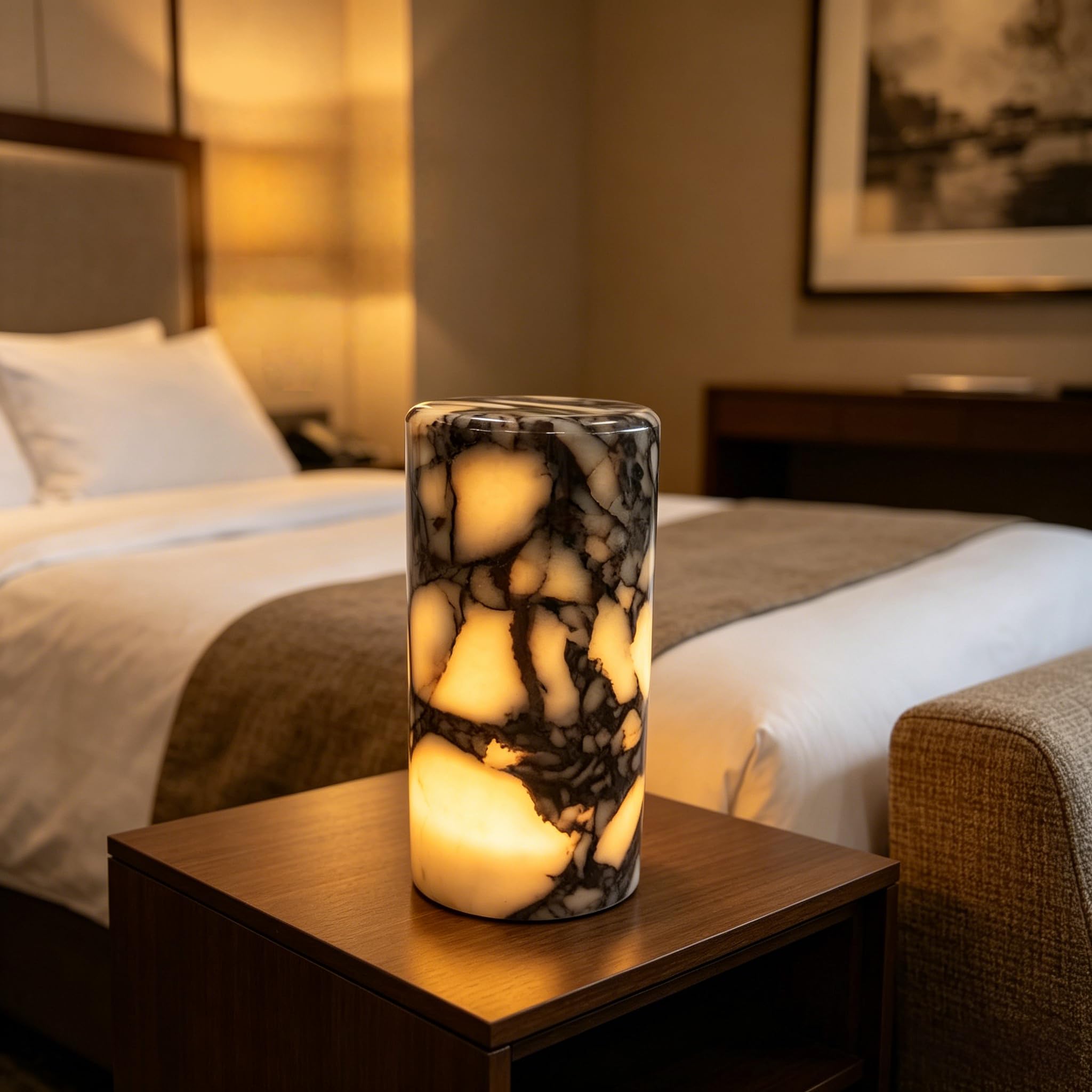 Marble Lamp Luxury Stone Table Lamp Type-C Rechargeable Touch Night Light Small Bedside Lamp Cordless Ambient Light for Home Decor, Bedroom, Living Room & Office (Cylinder-L)