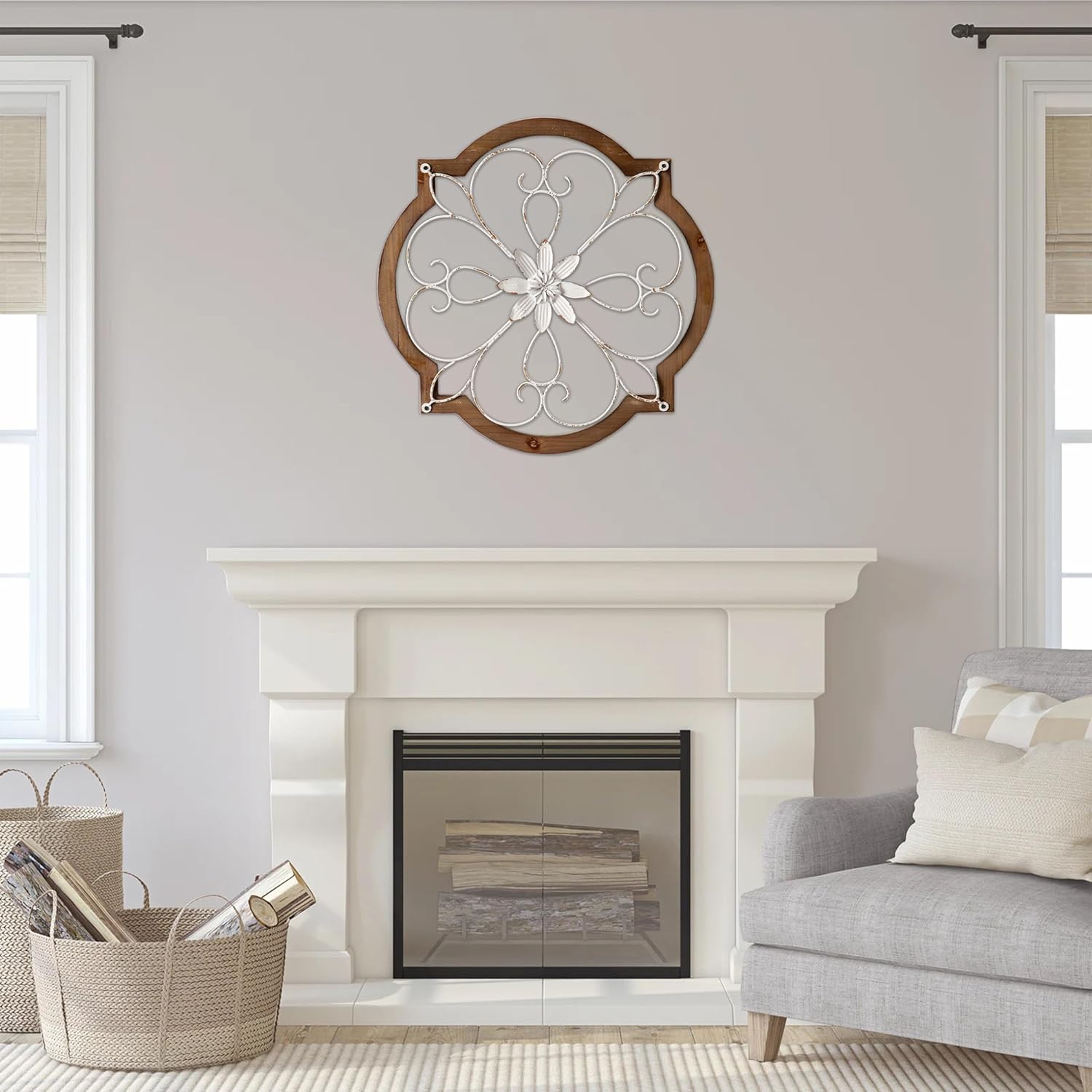 Sintosin Vintage Wrought Iron Wall Decor 22", Hanging Farmhouse Distressed White Metal Scroll Wall Decor, Wood Frame and Metal Flower Wall Art Decor for Living Room Entryway Hallway